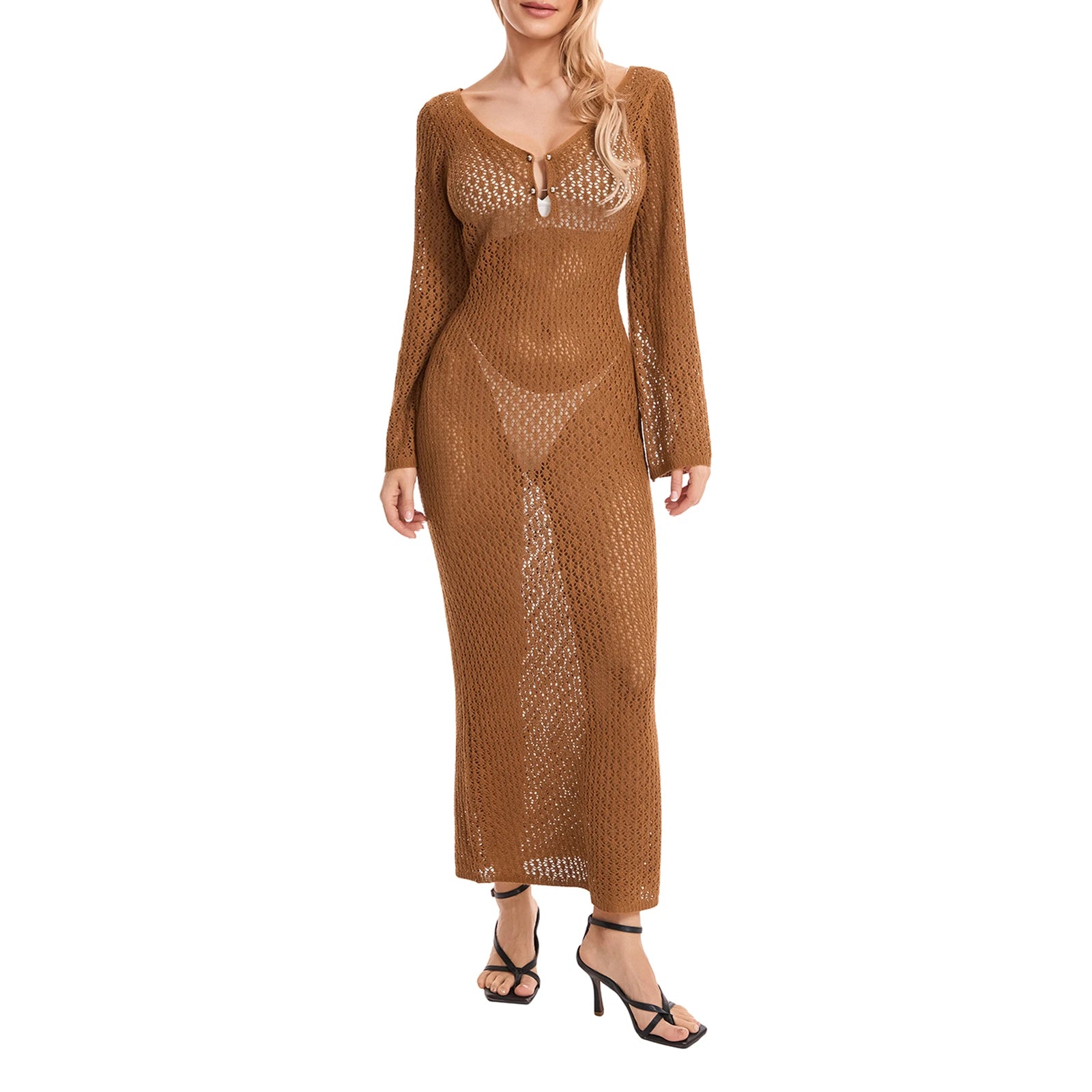 Women's Long Knit Deep V-Neck Bodycon Dress for Fall/Holiday - Image 10