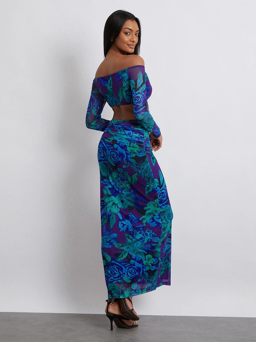 Floral Print Off-shoulder Crop Top with High Waist Skirt - Image 4