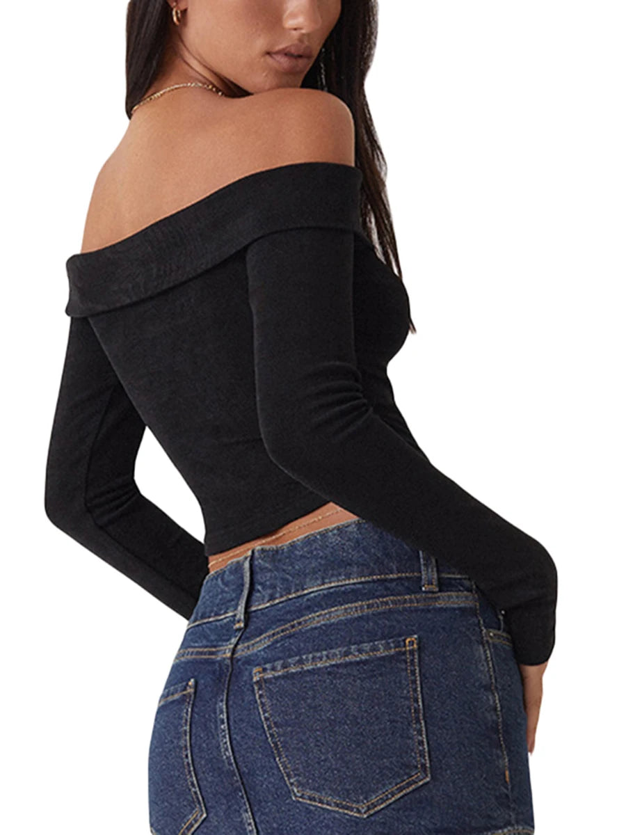 Solid Color Shoulder Long Sleeve Crop Top for Women, Y2K Streetwear - Image 4