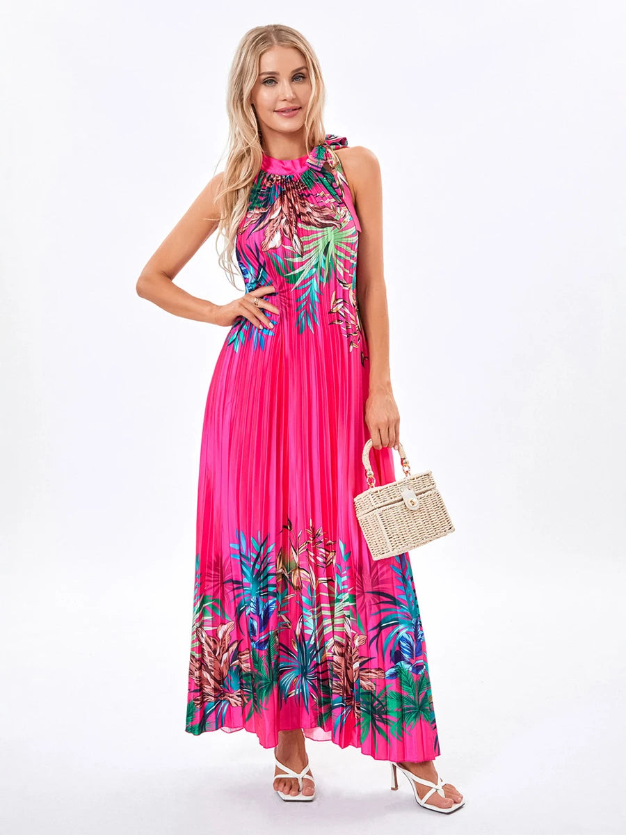 Bohemian Sleeveless Halterneck Beach Dress Flowy Hem Party Vestidos - Image 3