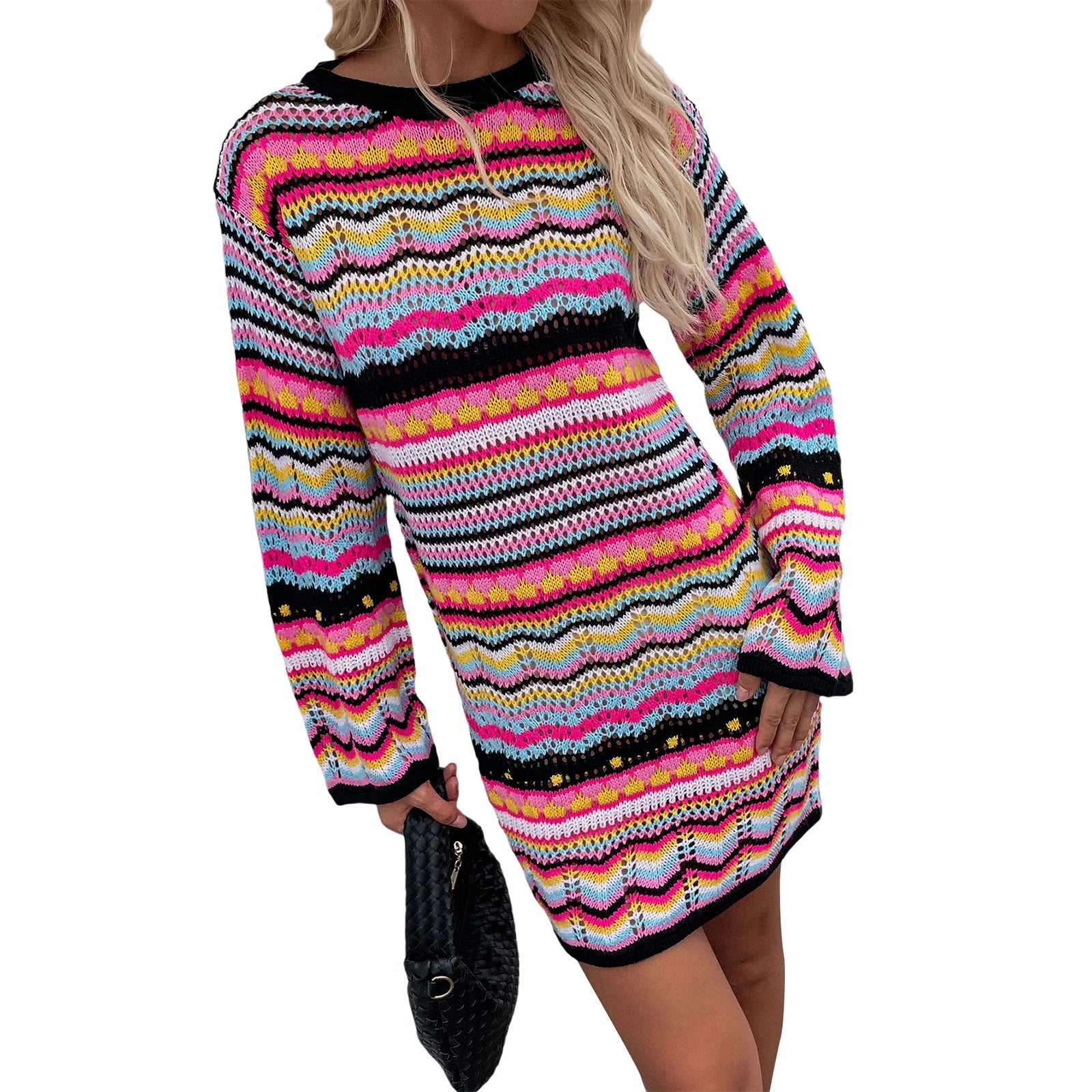 Color Block Striped Crochet Sweater Dress for Autumn Women - Image 10