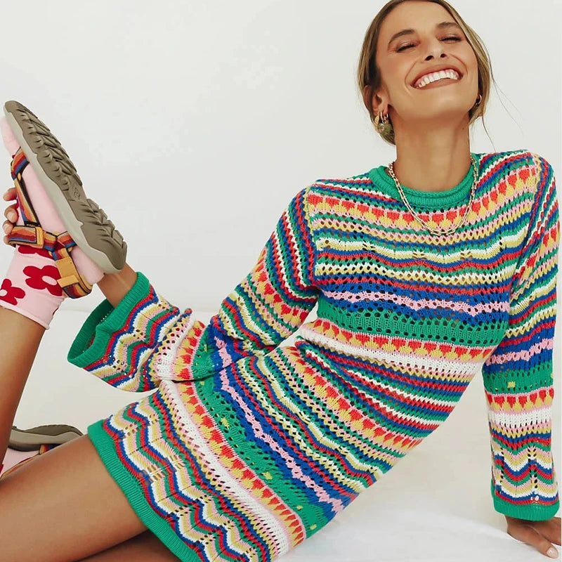 Color Block Striped Crochet Sweater Dress for Autumn Women - Image 6