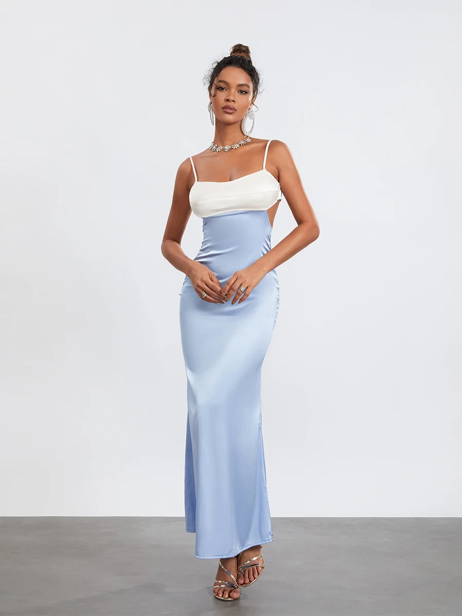 Stylish Backless Contrast Color Wrap Dress for Evening Events - Image 3