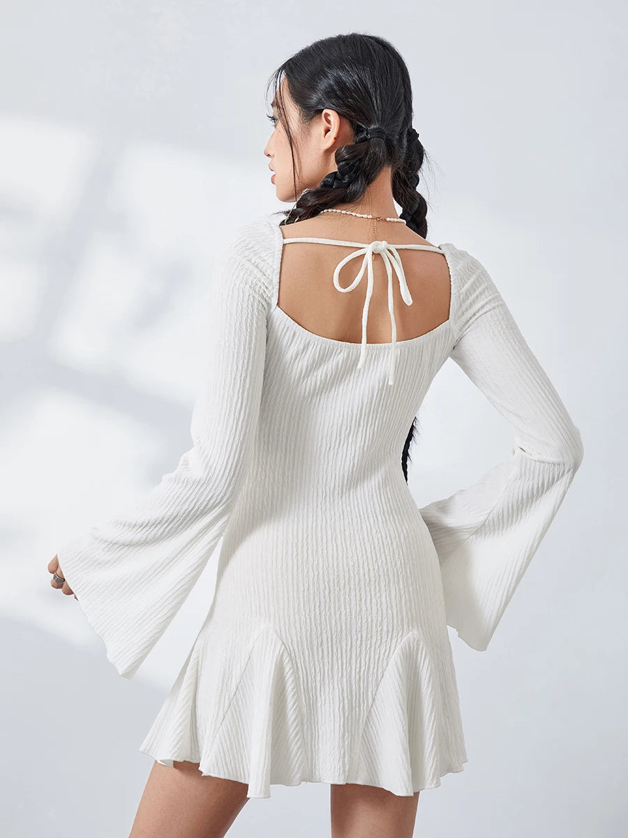 White Ruffle A-Line Mini Dress Women's Square Neck Party Dress - Image 3