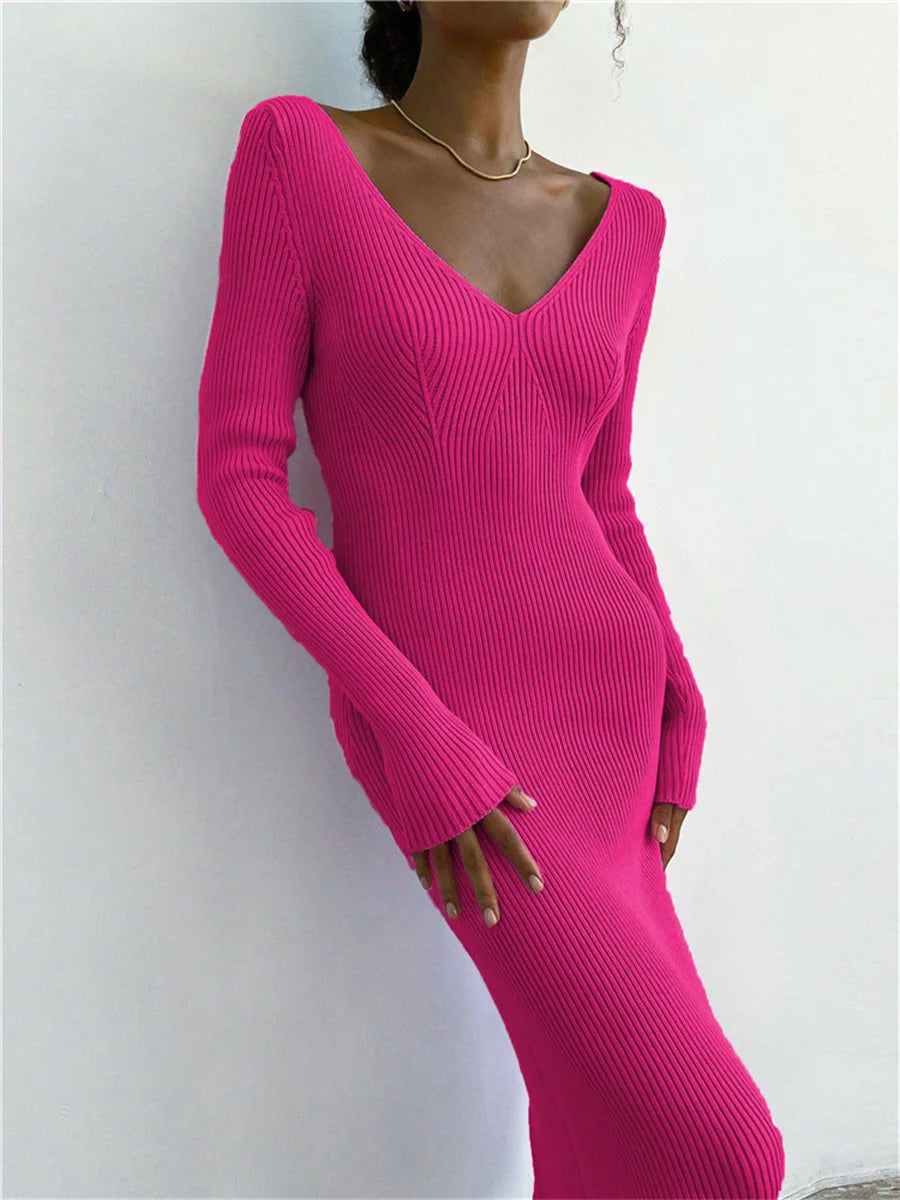 Knit Rib Wrap Midi Pencil Dress V-Neck Bodycon Casual Women - Image 7