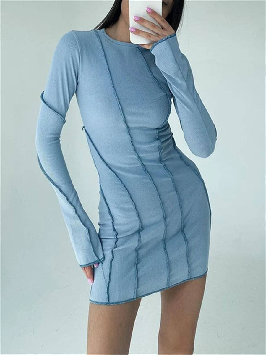 Autumn Women's Long Sleeve Patchwork Mini Dress Office Party - Image 8