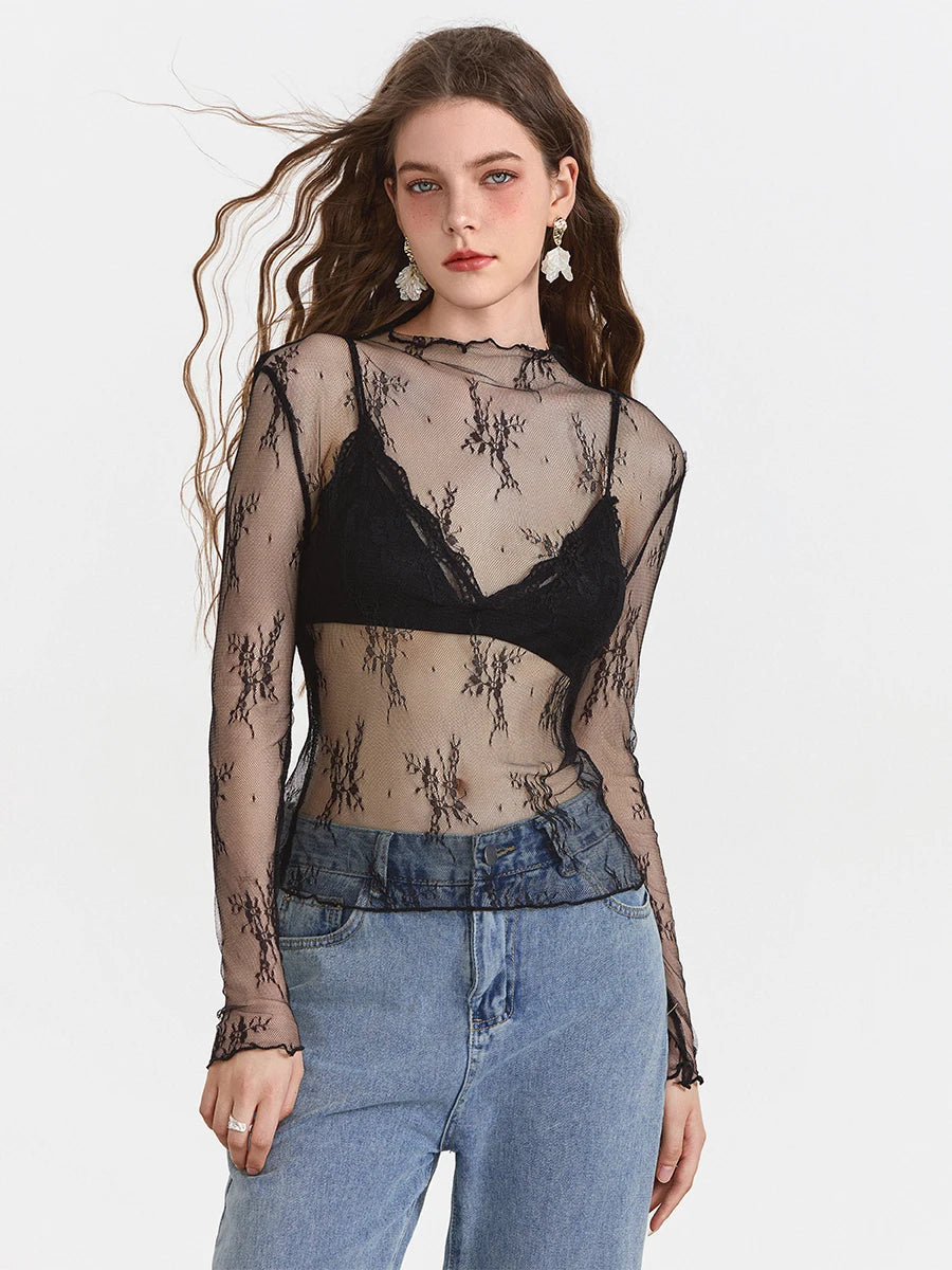 Floral Sheer Tops Long Sleeve Crew Neck Slim Fit T-shirts - Image 4