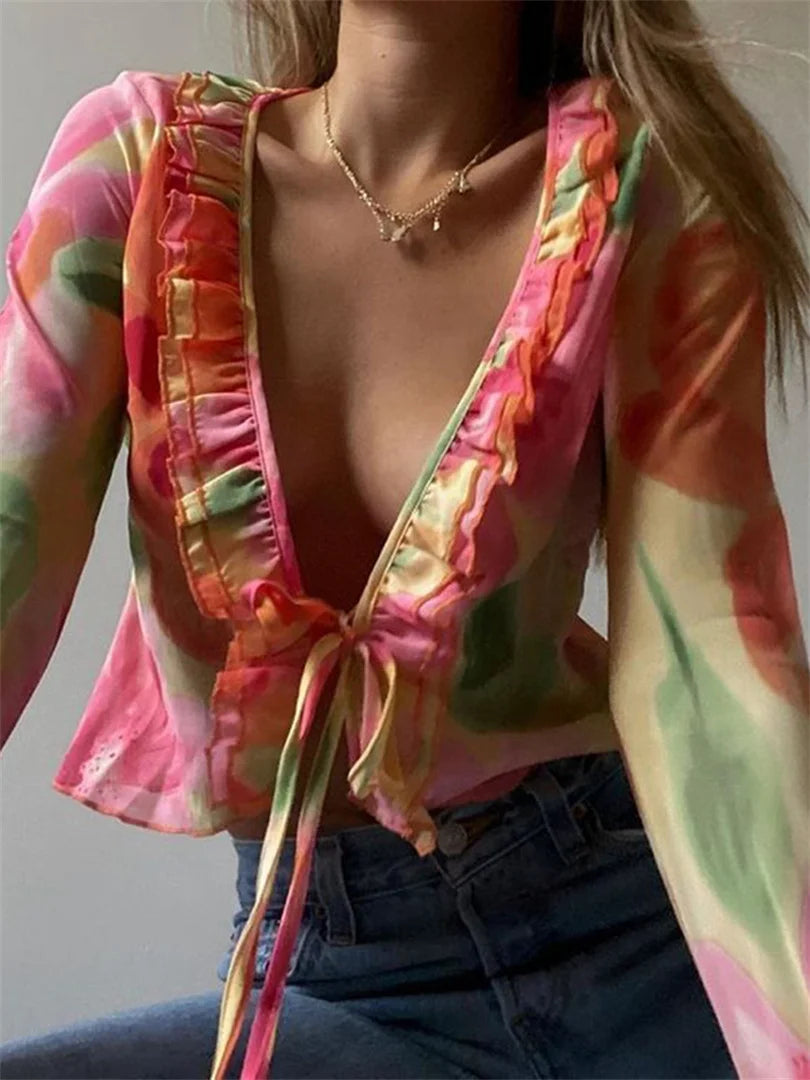 Orange floral ruffle V-neck tie-up sheer cardigans for women. - Image 3