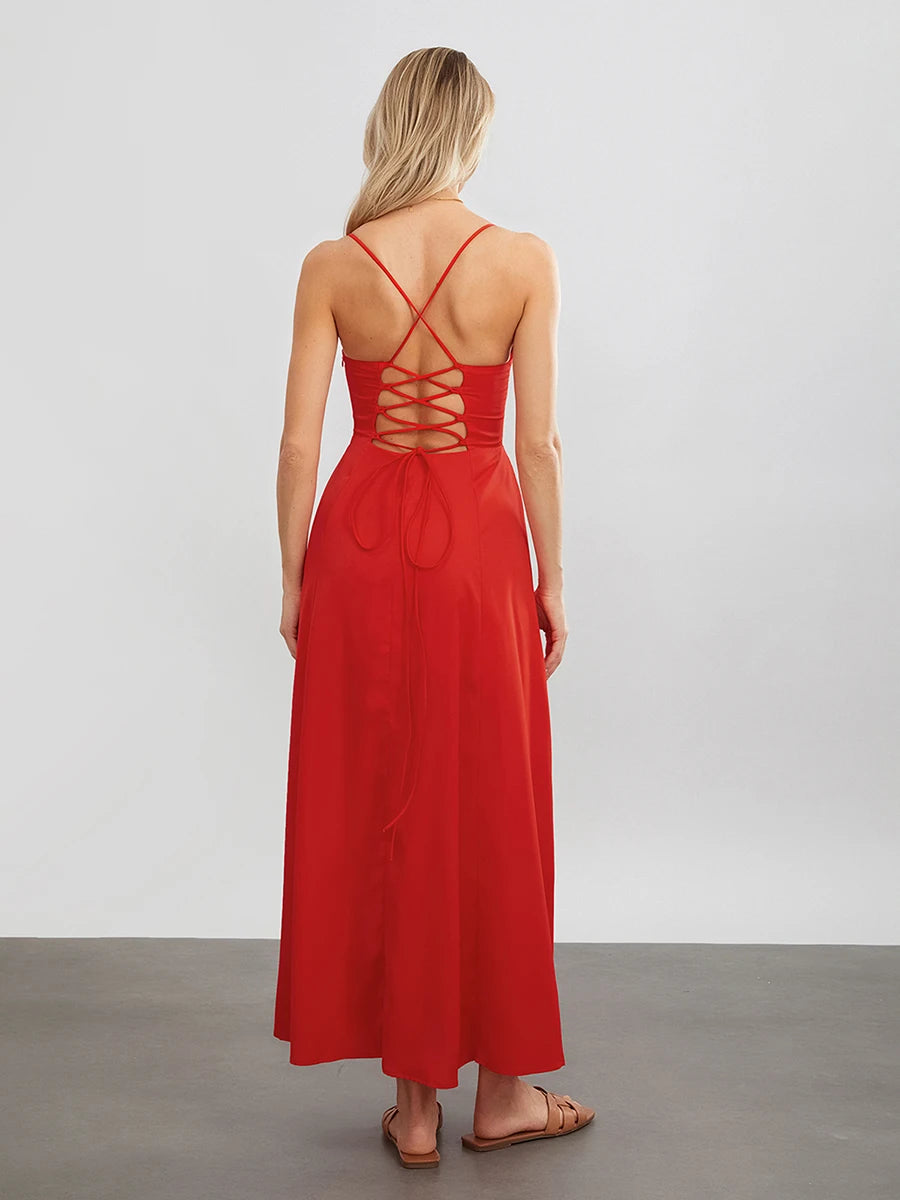 Red Spaghetti Strap Beach Dress with Thigh Slit - Image 3
