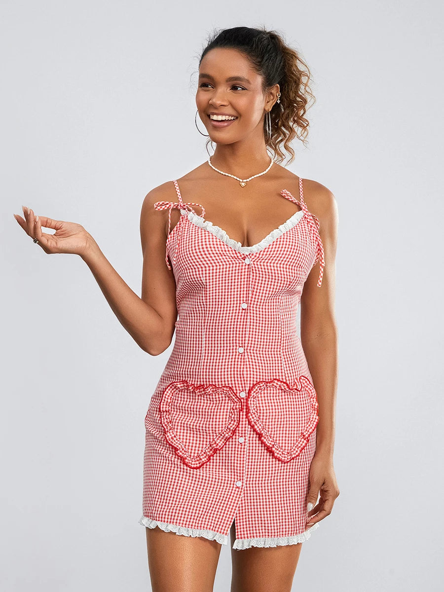 Red Plaid Spaghetti Strap Mini Dress for Summer Parties - Image 3