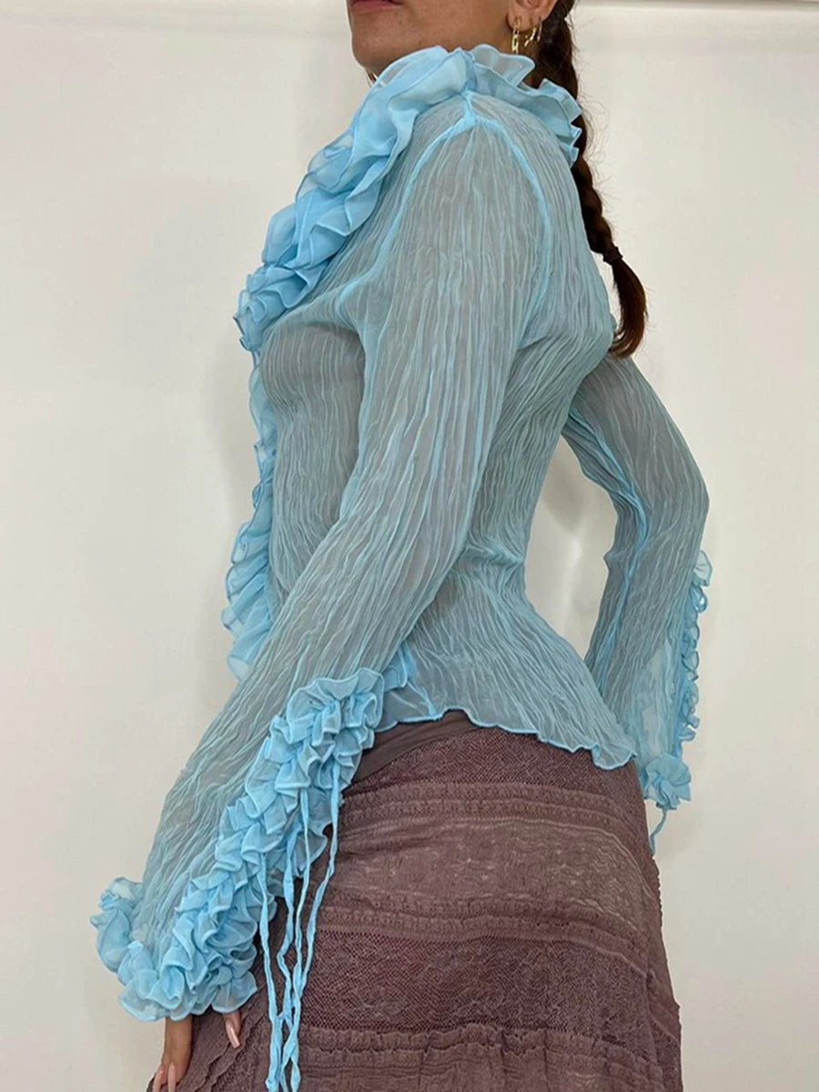 Stylish Women's Ruffles Button Up Shirt with Tie-up Detail - Image 5