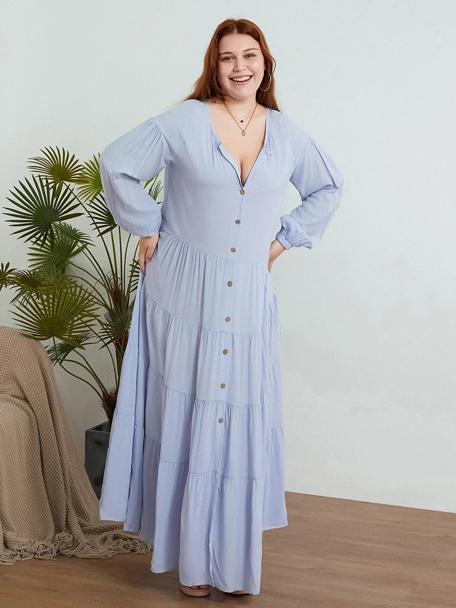 Bohemian Loose Long Dress Solid Color V Neck Beach Dress - Image 9
