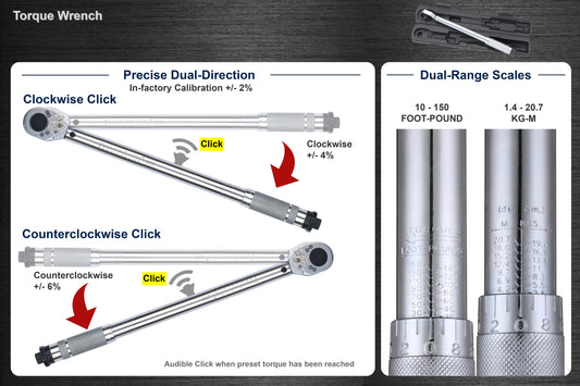 BENTISM Torque Wrench, 1/2 Drive Click Torque Wrench  20-250ft.lb/34-340n.m, Dual-Direction Adjustable Torque Wrench Set,  Mechanical Dual Range Scales Torque Wrench Kit with Adapters Extension Rod  