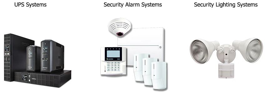 Image highlighting three security product categories: INF99s UPS systems with Sealed Lead Acid Battery 12V 9amp on the left, security alarm systems centered with sensors and a control panel, and a versatile outdoor security lighting system on the right.