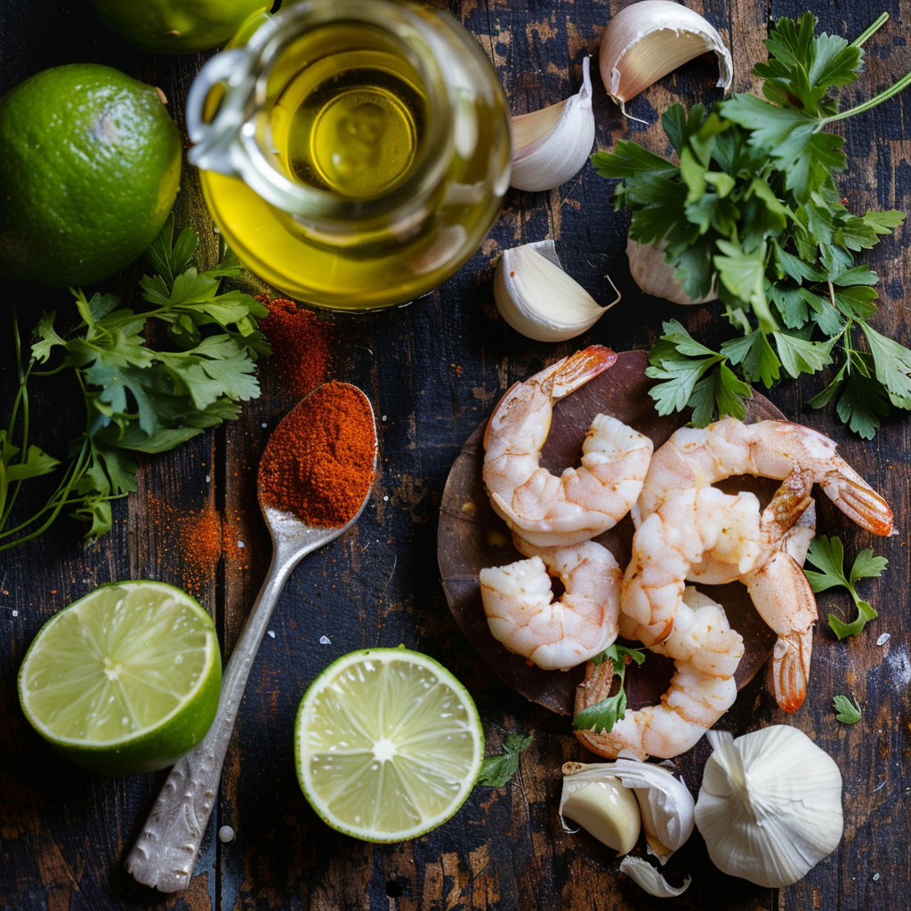 Ingredients displayed for Lightly Spiced Carolina Reaper Grilled Shrimp: raw shrimp, a tiny pinch of Carolina Reaper Powder on a small spoon, olive oil, limes, garlic cloves, and fresh parsley or cilantro.