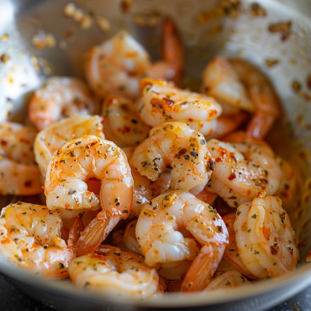 Shrimp in a mixing bowl, being lightly tossed with a marinade that includes a tiny pinch of Carolina Reaper Powder, barely visible, along with olive oil, lime juice, and minced garlic.