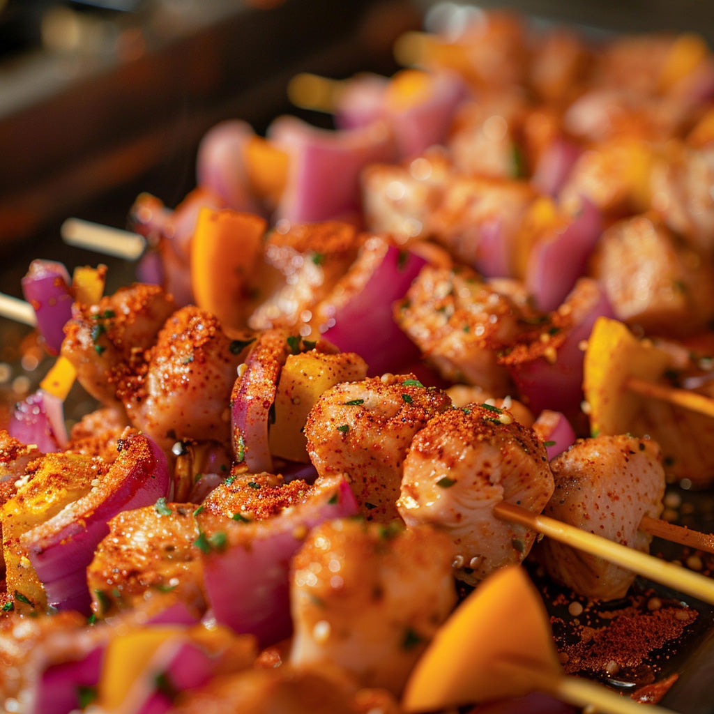 Chicken and vegetables being threaded onto skewers on a preparation table, coated with vibrant orange Arizona Smoked Garlic Chipotle seasoning, emphasizing its granulated texture.