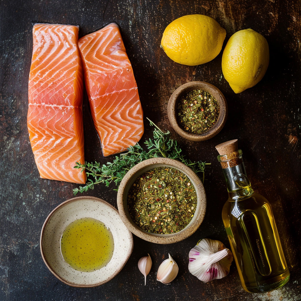 Ingredients for Jalapeño Herb-Crusted Salmon: raw salmon fillets, Arizona Jalapeño spice blend, olive oil, lemon, garlic, and fresh herbs on a dark background.