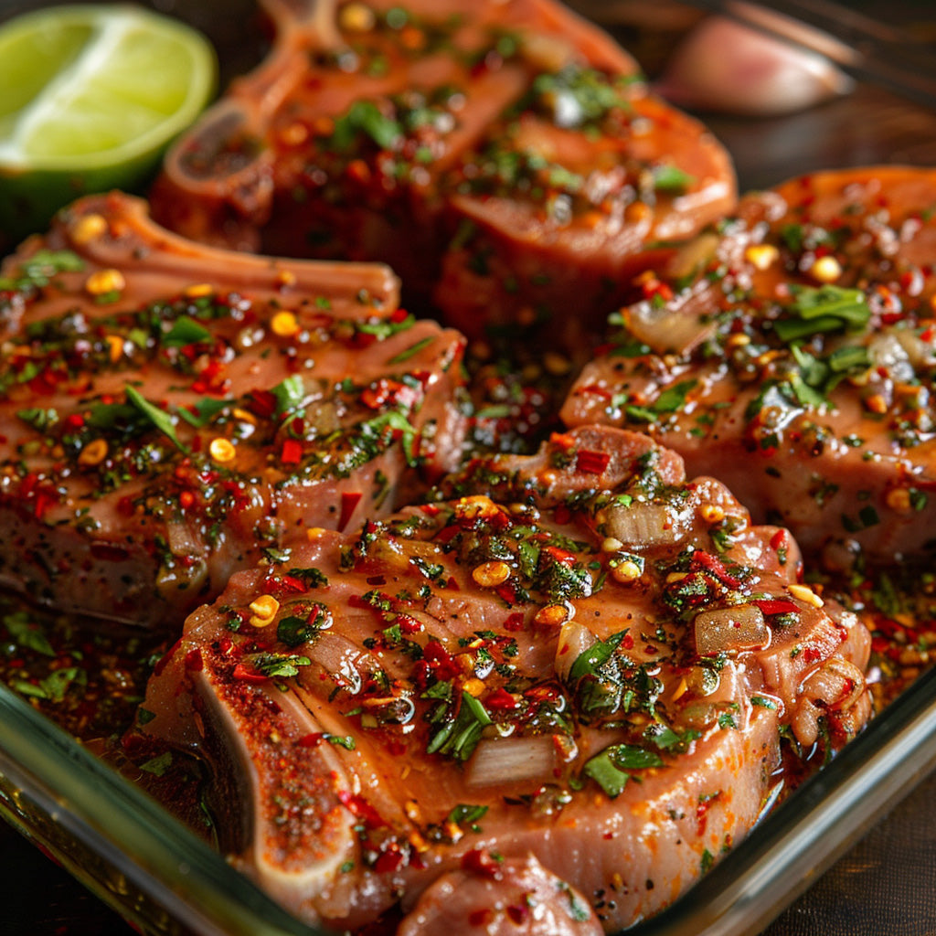 Thin-cut bone-in pork chops marinating in glass dish with vibrant red-orange Arizona Hatch spice marinade, visible chili flakes and herbs, alongside minced garlic and lime wedges.