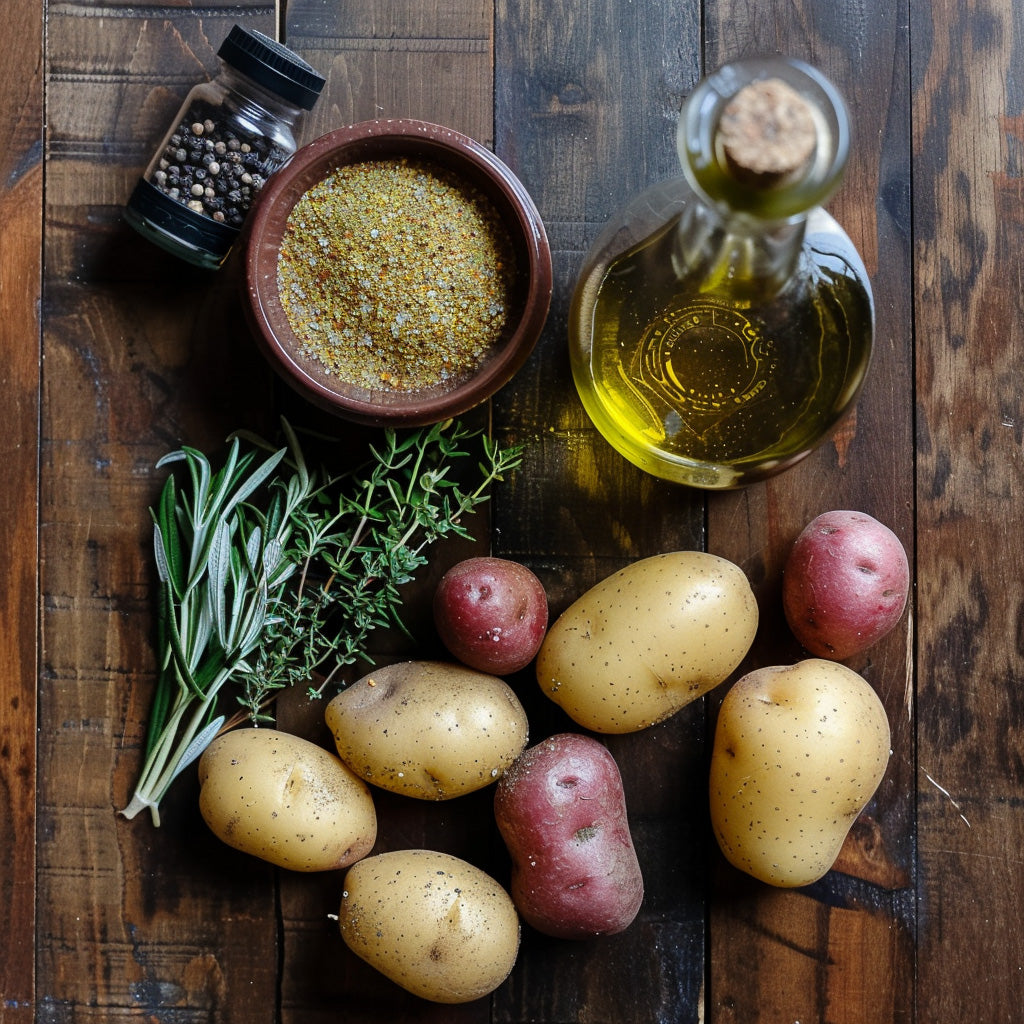 Ingredients displayed for Roasted Jalapeño Herb Potatoes: small red or yellow potatoes, a bowl of Arizona Jalapeño Salt, olive oil, black pepper, and fresh herbs on a dark wood background.