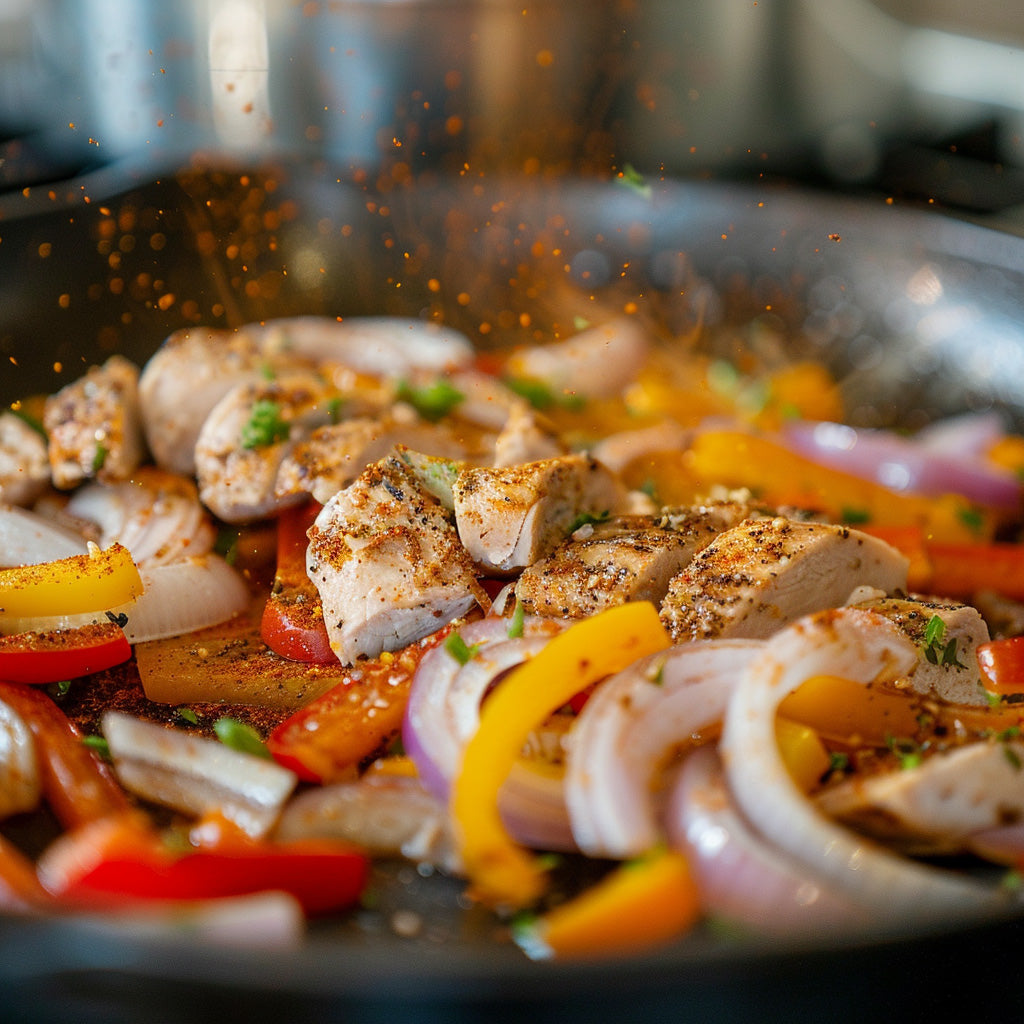 Onions, bell peppers, and raw chicken being sautéed in a skillet, sprinkled with vibrant yellow Arizona Faheata spice blend.