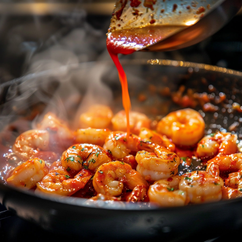 Shrimp sautéed in skillet with garlic and Grim Reaper Hot Sauce, creating a sizzling effect, vibrant colors and steam visible.
