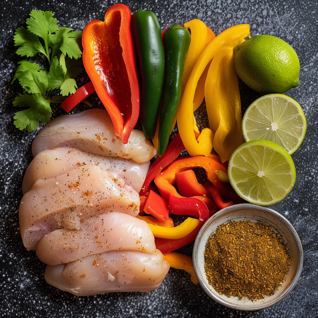 Fresh ingredients for Southwest Chicken Fajitas recipe: sliced raw chicken, bell peppers, onion, lime, and a bowl of Arizona Faheata spice blend.