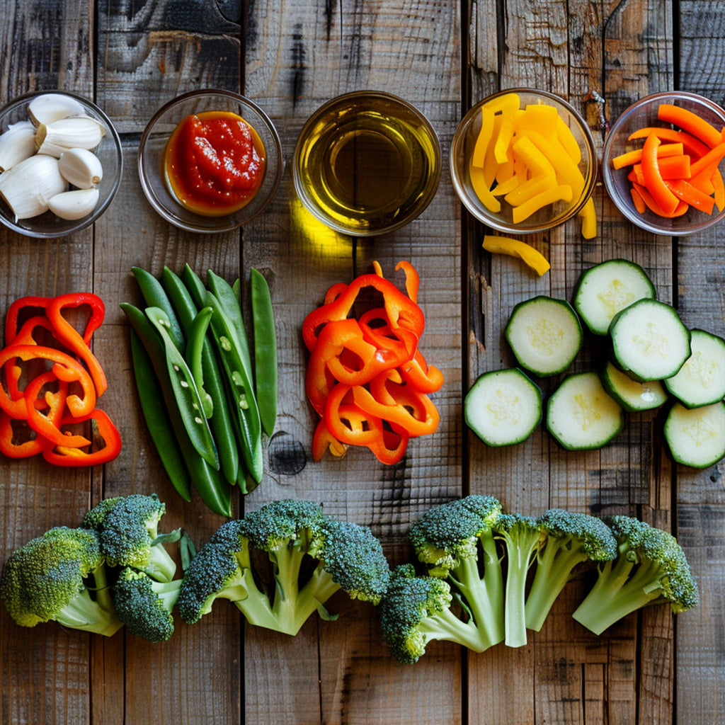 Ingredients for a veggie stir-fry including olive oil, onion, garlic, bell peppers, zucchini, carrots, broccoli, and Ghost Pepper Mash on a rustic wood background.