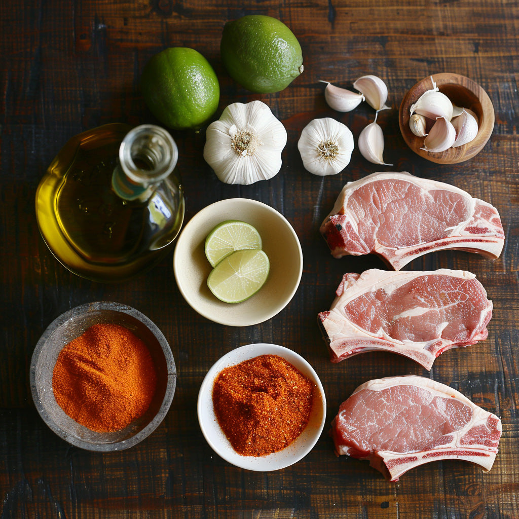 Ingredients for Spicy Hatch Chile Pork Chops recipe displayed: raw pork chops, vibrant red-orange Arizona Hatch spice blend, olive oil, garlic cloves, and a lime on a dark wood surface.