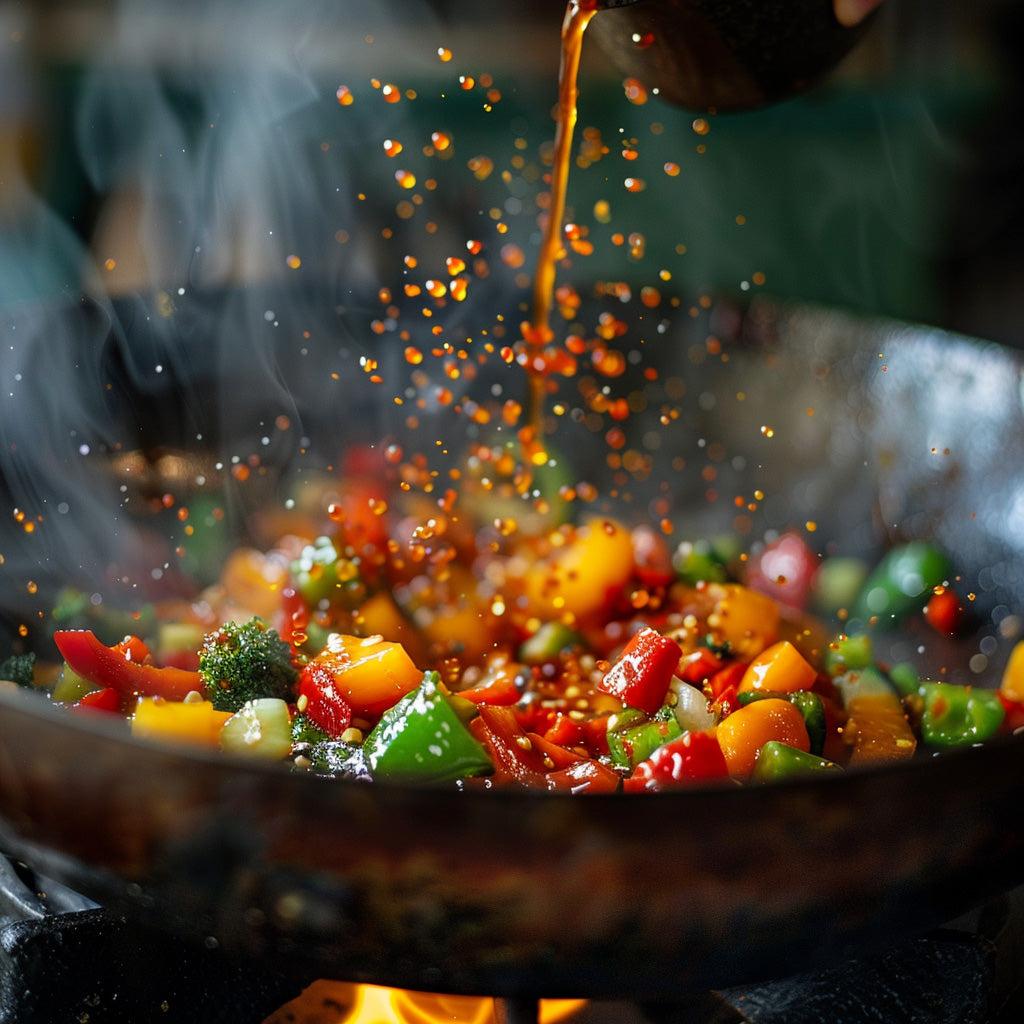 Vegetables being stir-fried in a wok with a splash of Ghost Pepper Mash sauce, capturing steam and vibrant colors.