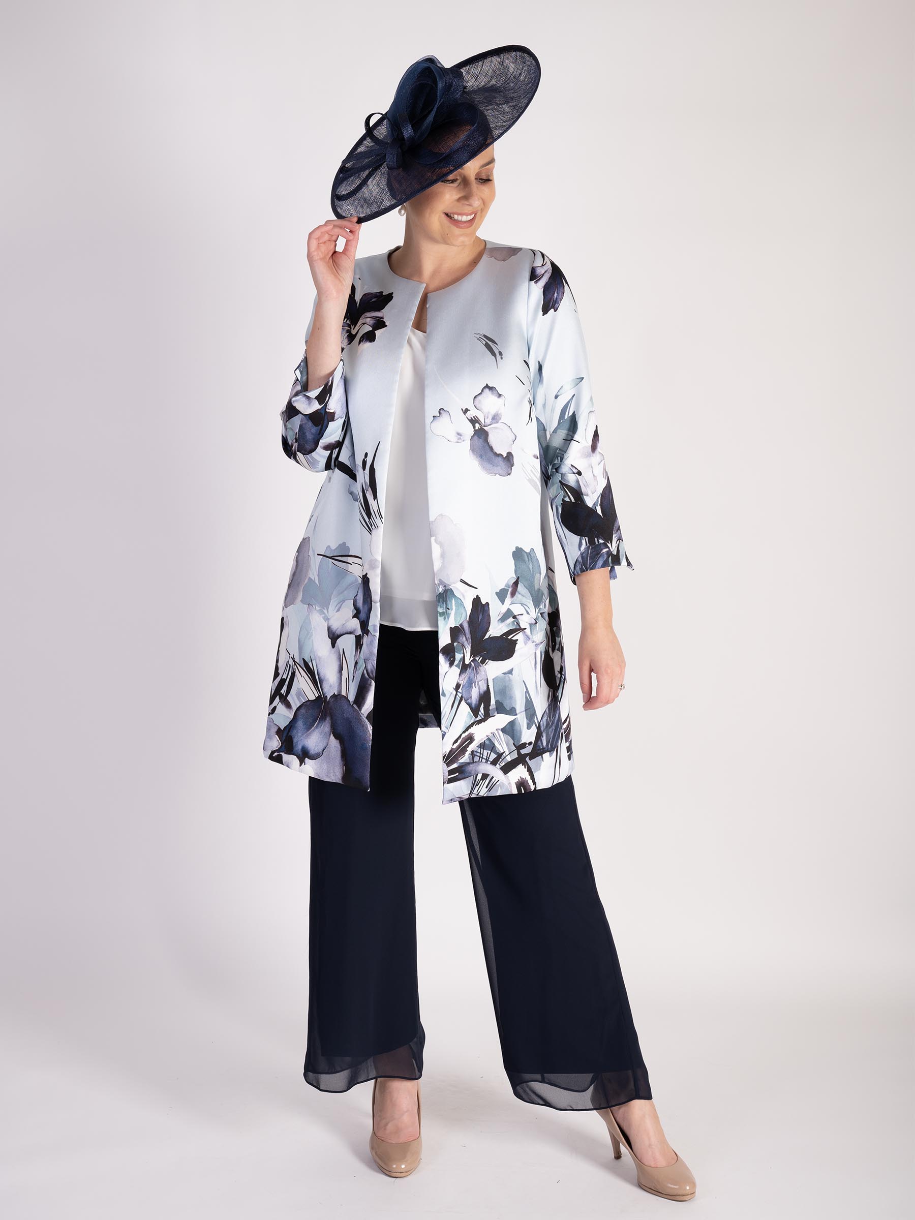 Pale Aqua/Silver Floral Placement Edge to Edge Contrast Lined Satin Twill Coat