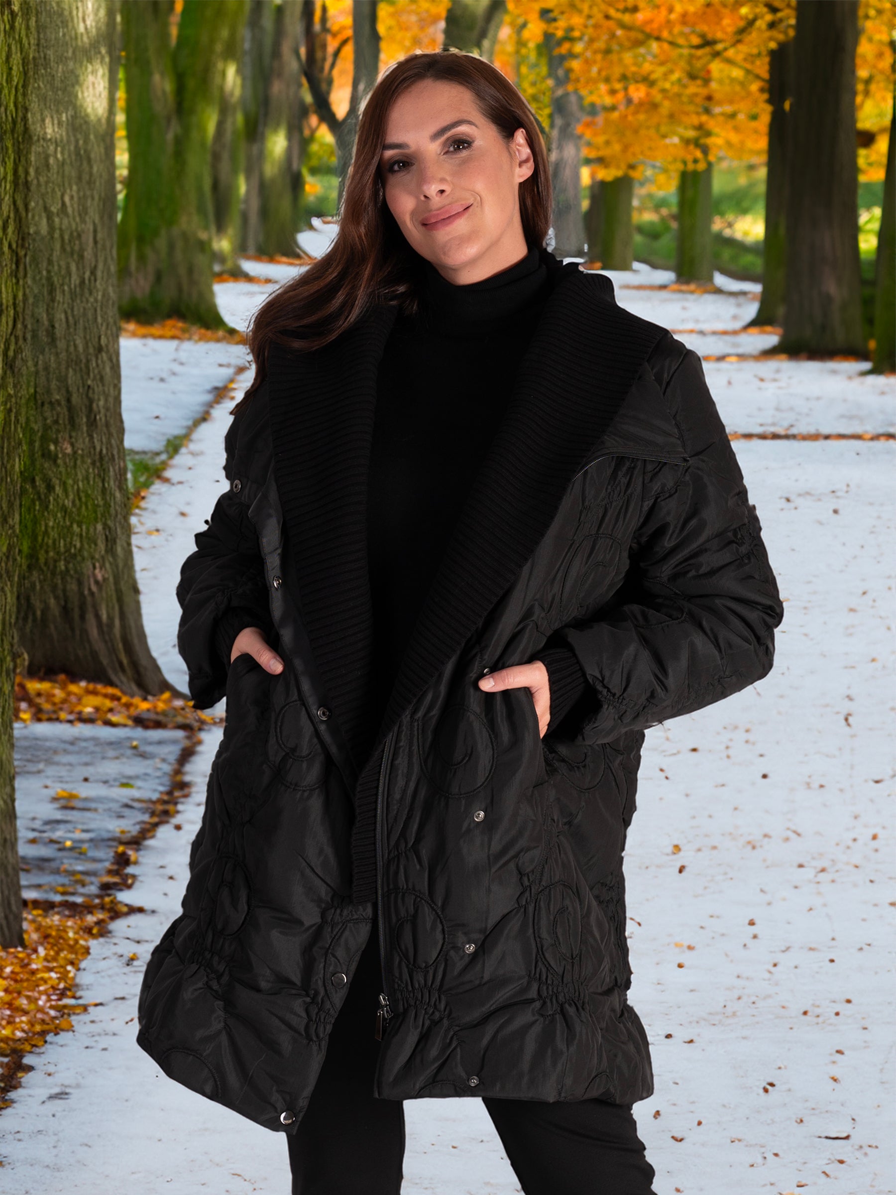 Black Cartwheel Embroidered Quilted Coat with Knitted Collar