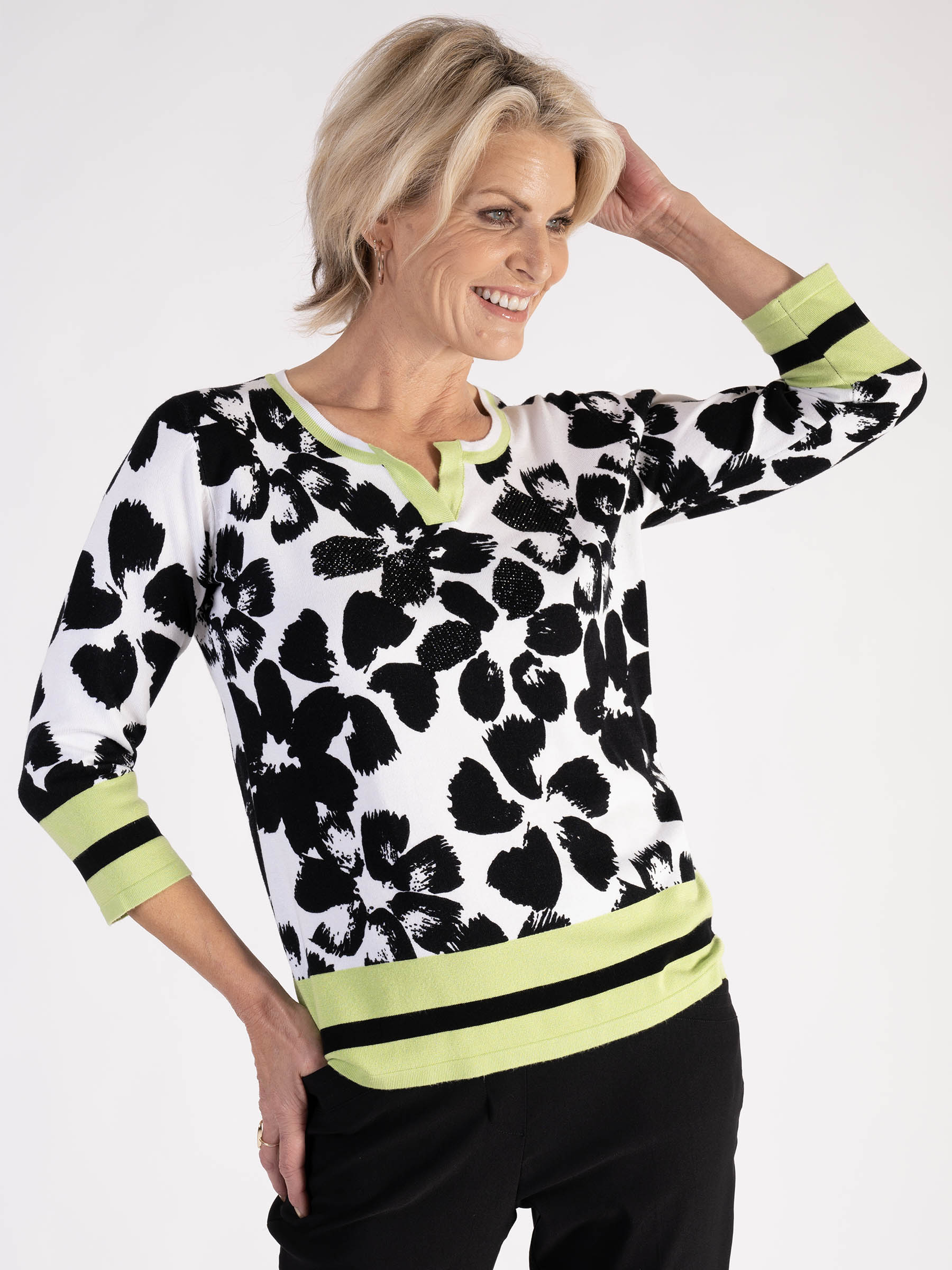 White/Black/Lime Floral Print Knitted Pullover