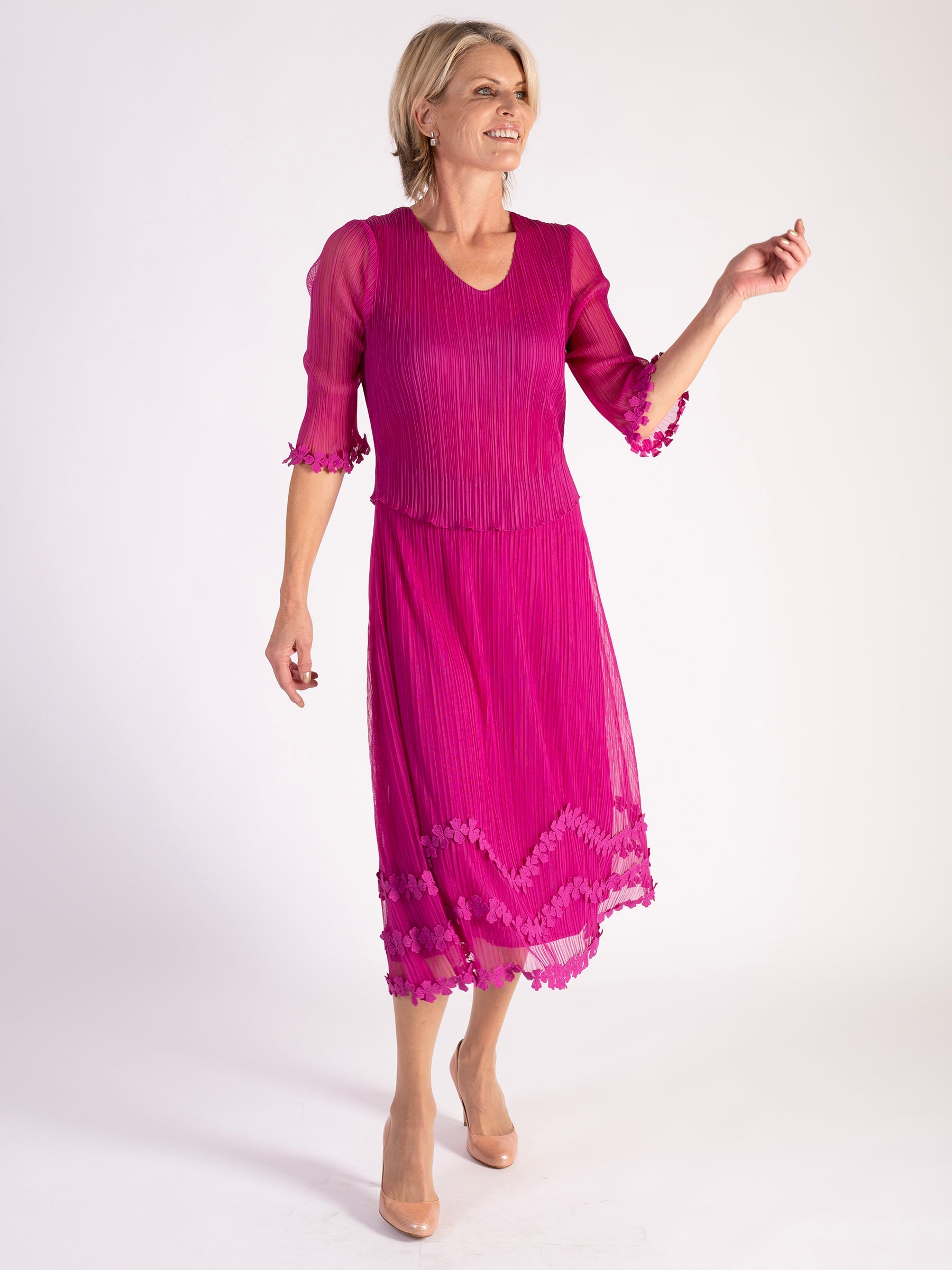 Fuchsia Mock Layer Daisy Chain Trim Plisse Pleat Mesh Dress