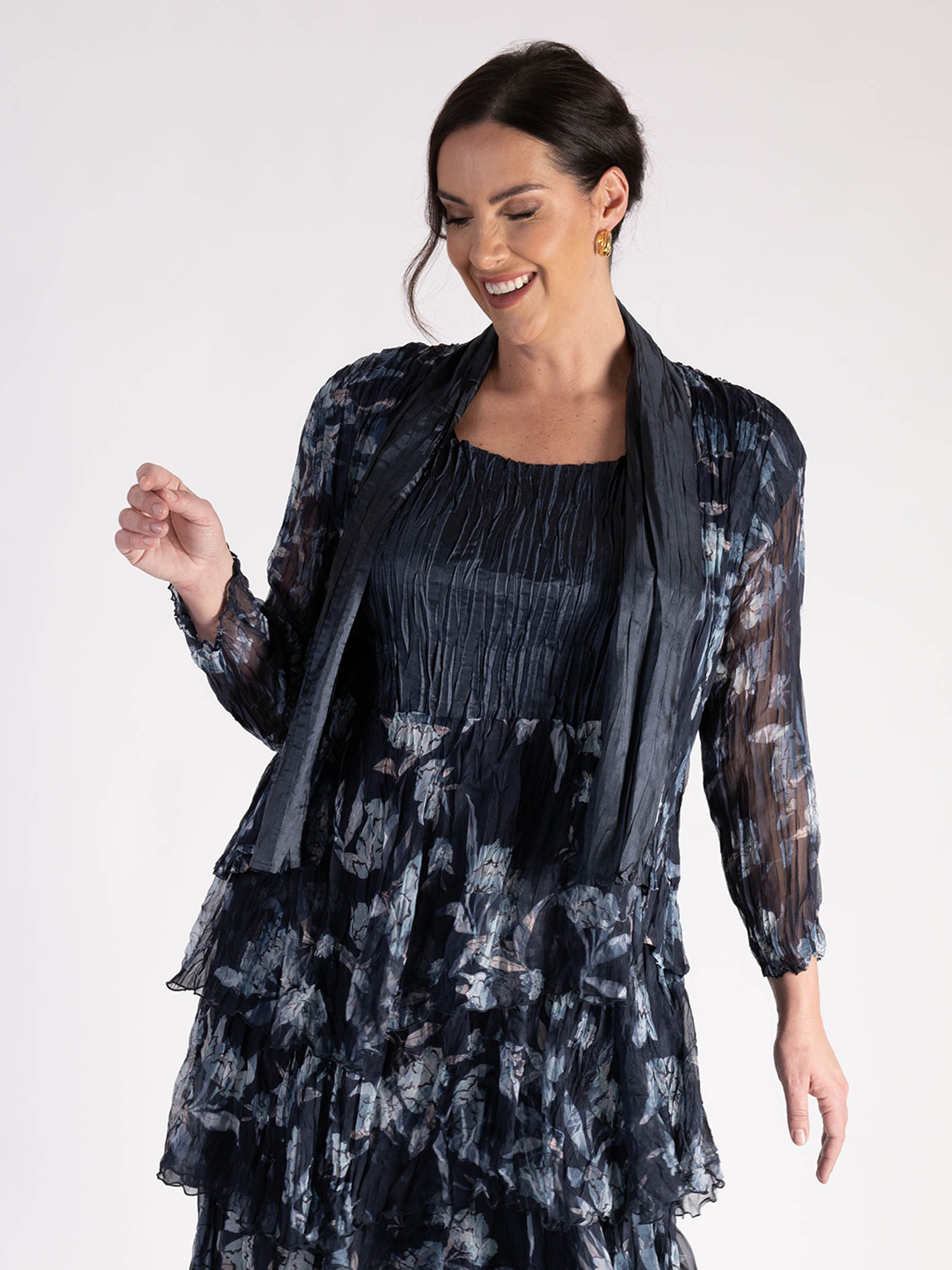 Navy Plain Satin And Floral Print Chiffon Shrug