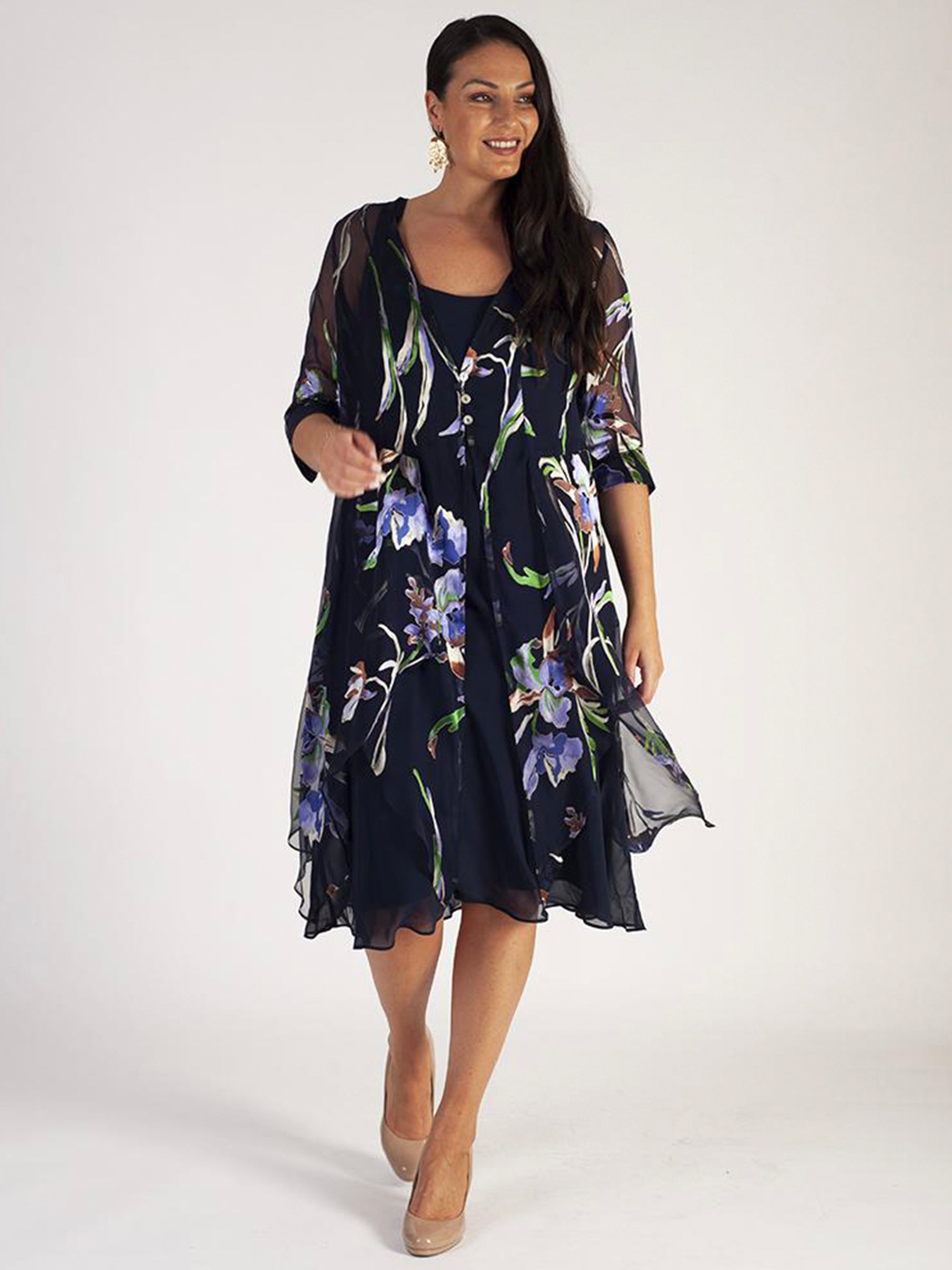 Navy Iris Floral Print Silk Devoree Pixie Coat