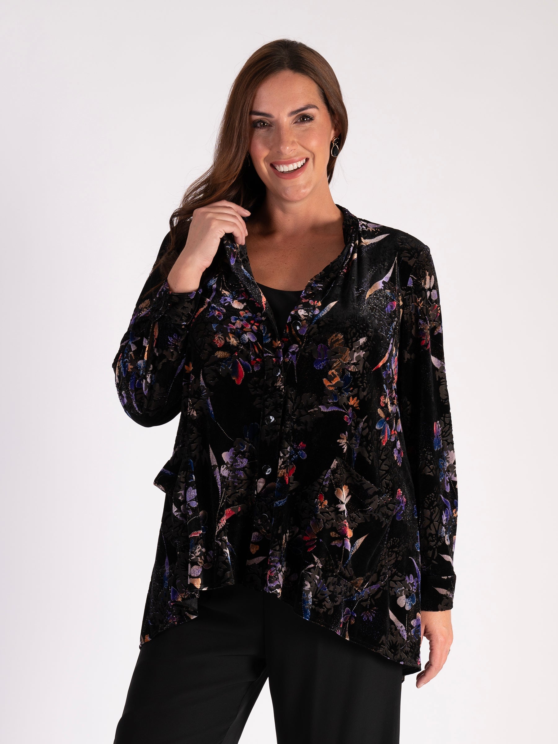 Black/Multi Floral Print Velvet Devoree Blouse