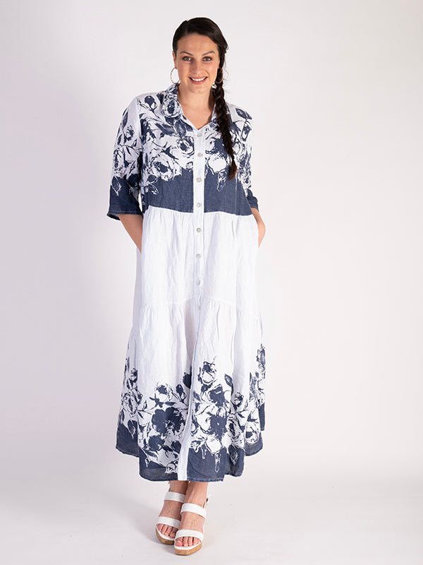 Navy/White Floral Print Linen Dress