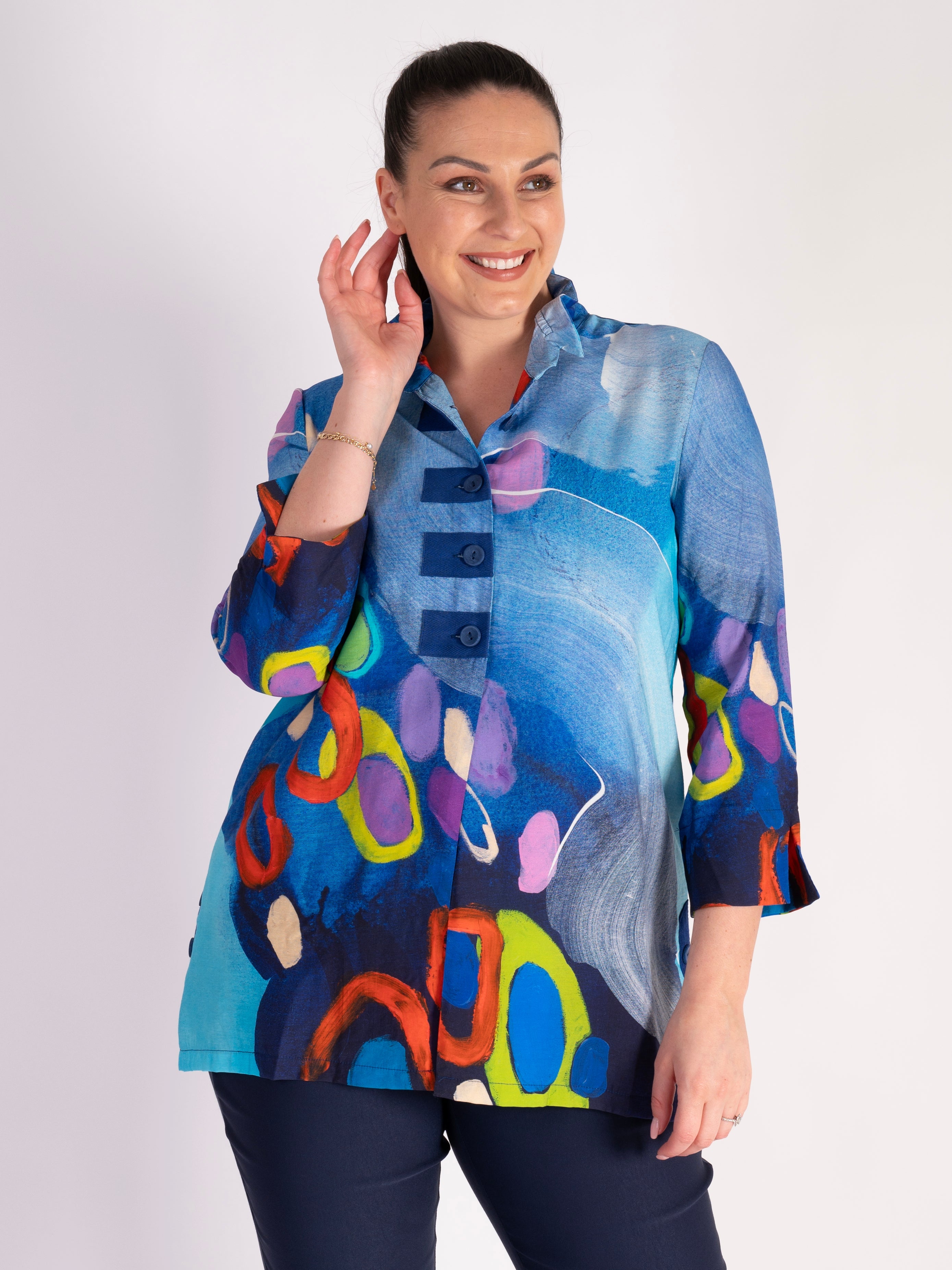 Image of Blue/Multi Printed Wire Neck Shirt