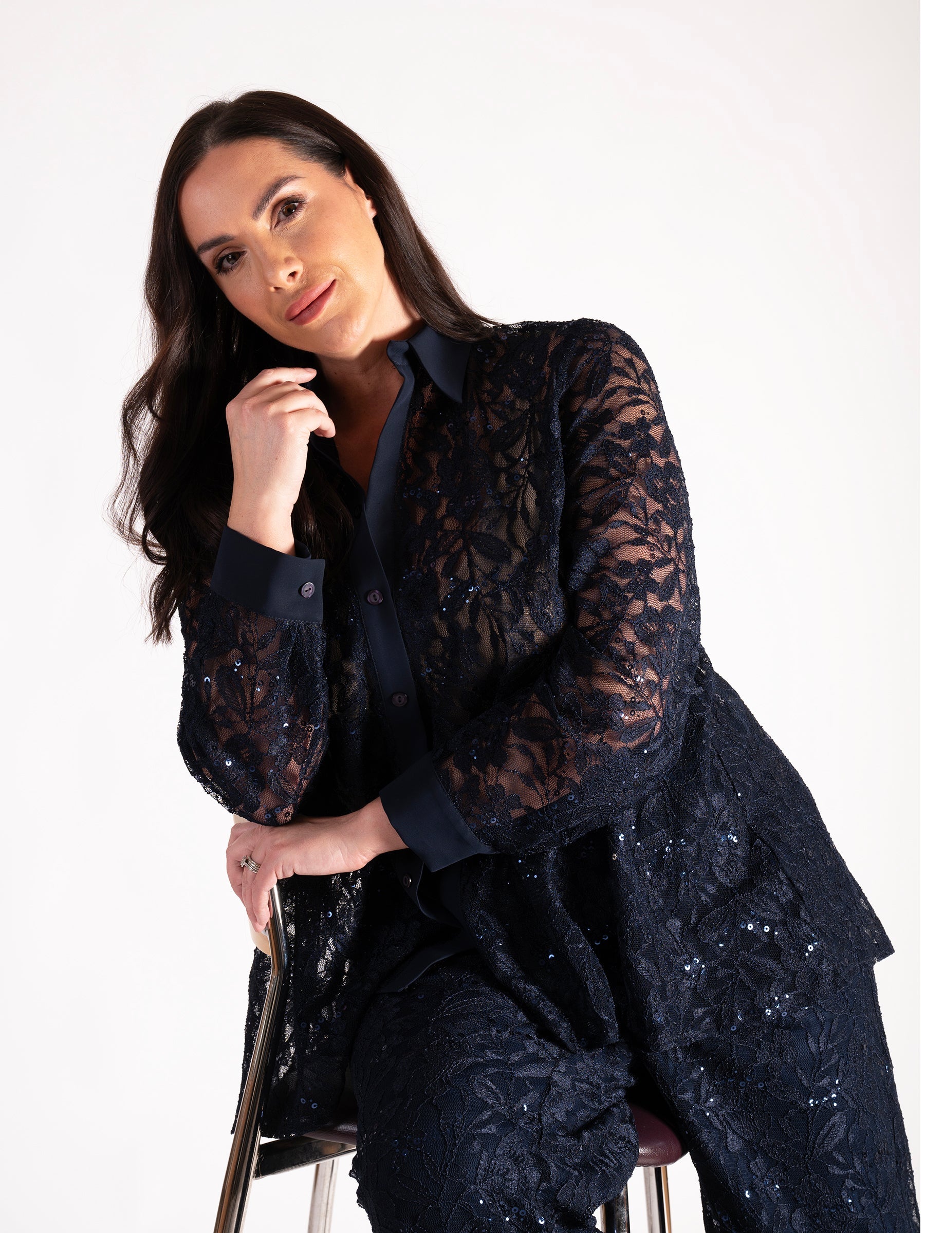 Image of Dark Navy Sequin Lace Shirt with Chiffon Button Front & Cuff Trim