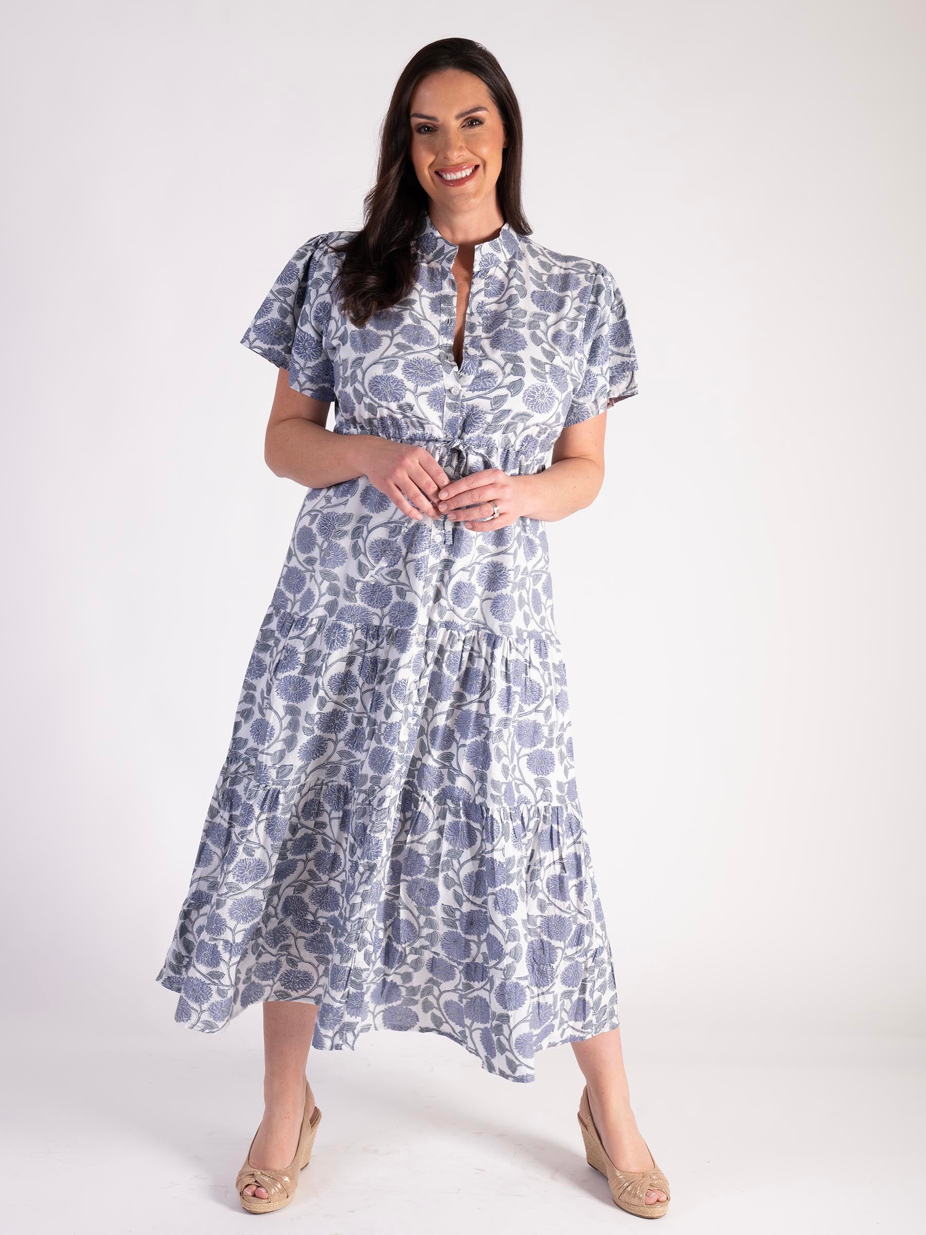 A Indigo Blossom Print Short Sleeve Cotton Dress with Drawstring Detail