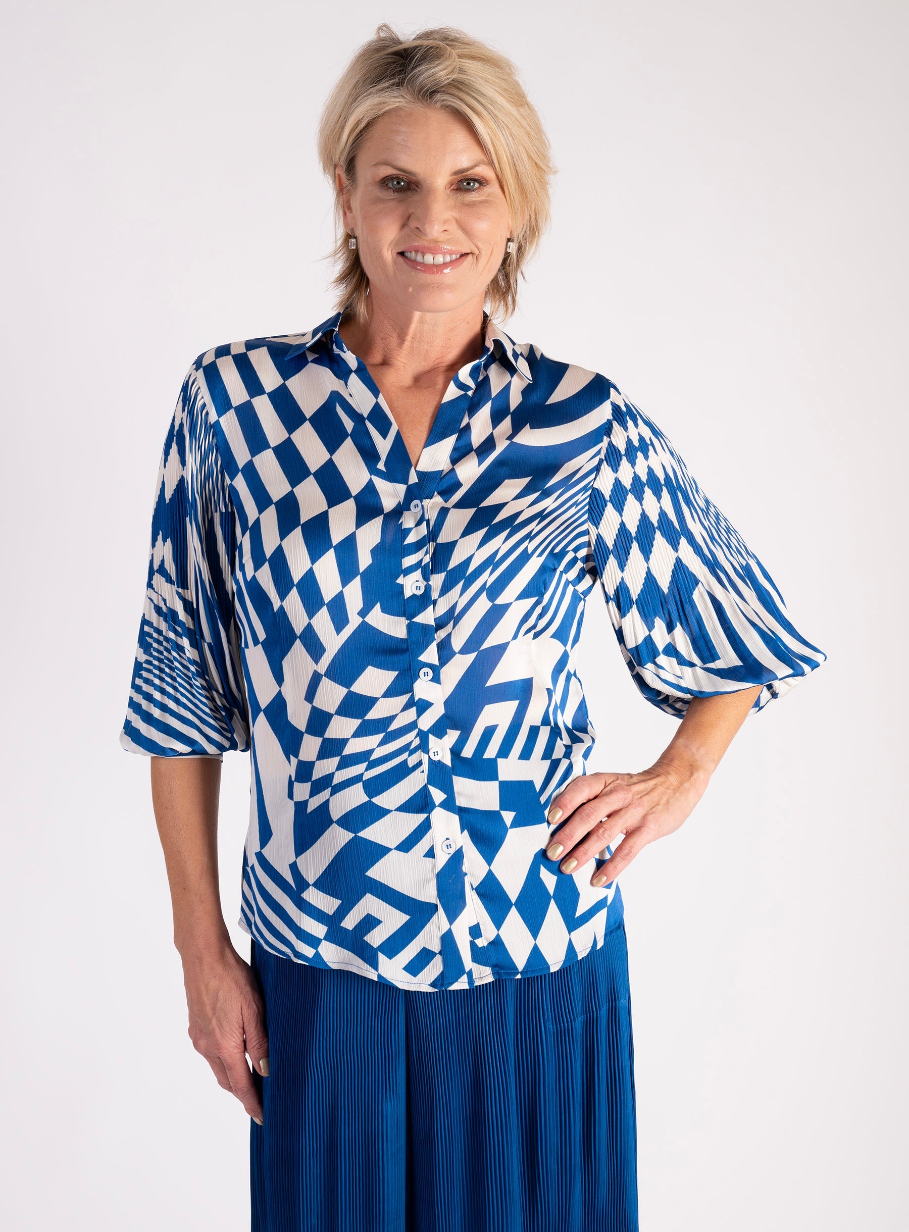 Image of Royal Blue/White Abstract Geometric Swirls Pleated Shirt - Promotion Until 8th May 2024