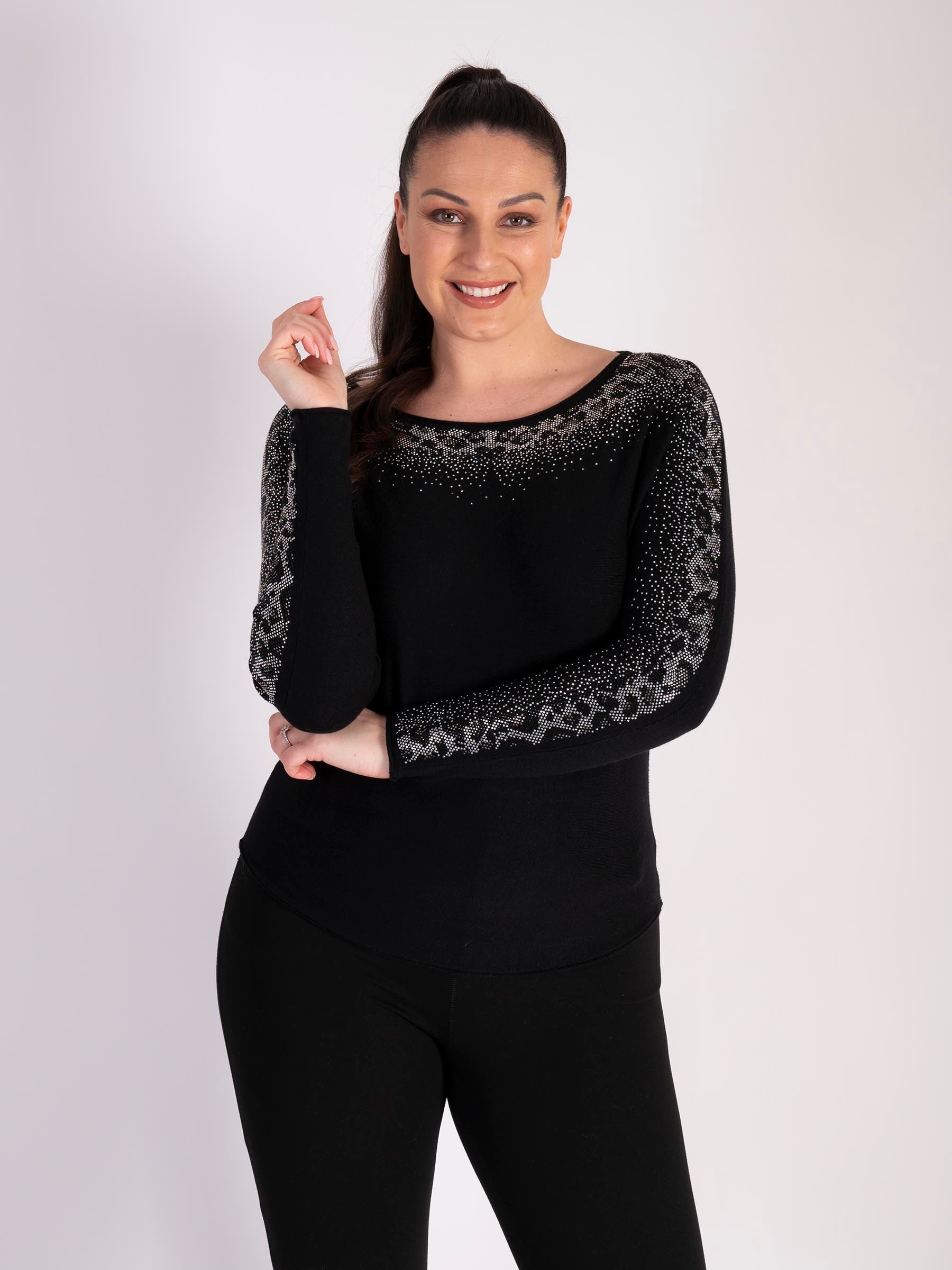 A Black Diamante Round Neck Jumper