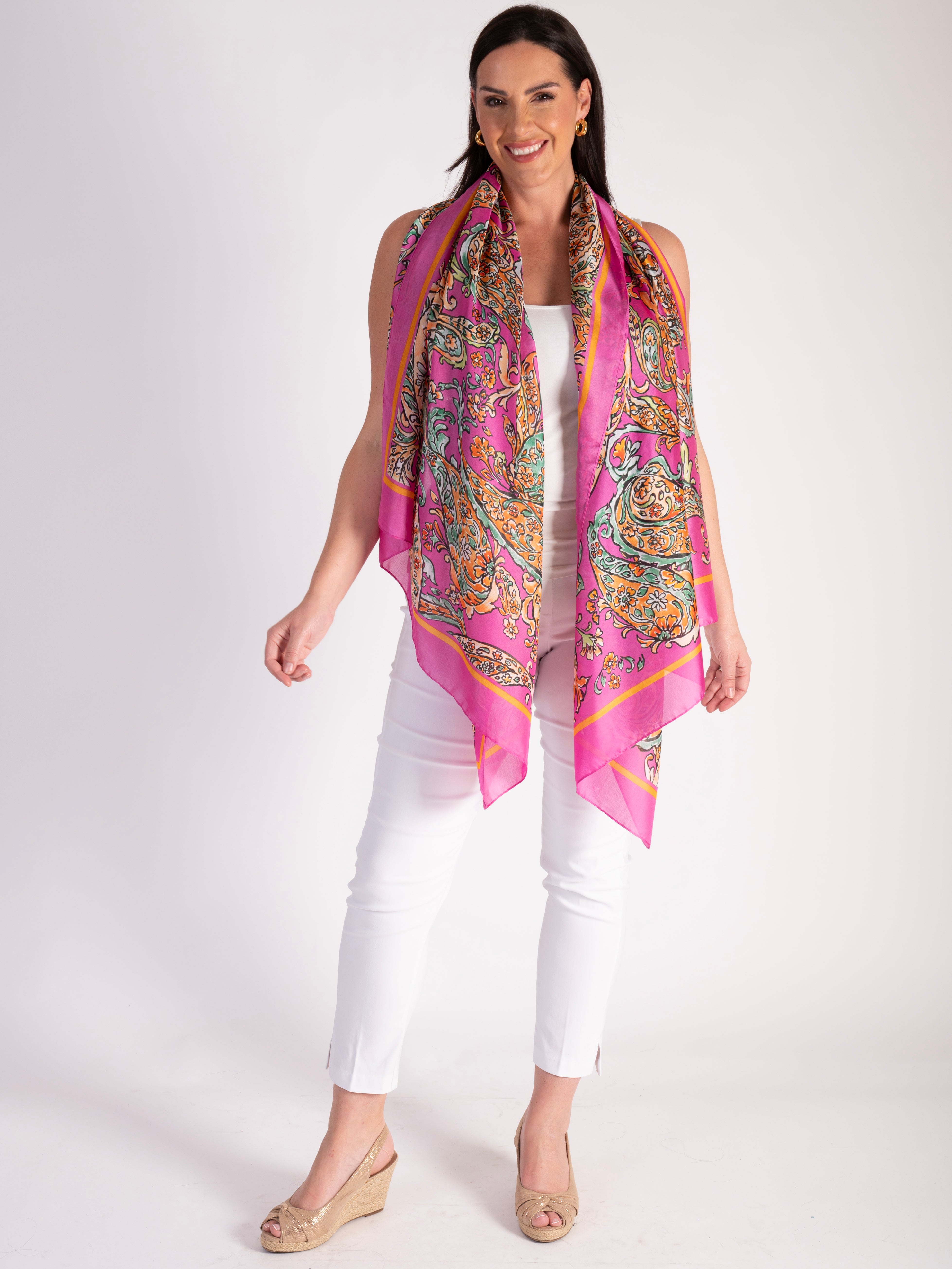 Hot Pink Paisley Print Silky Scarf with Colourblock Border