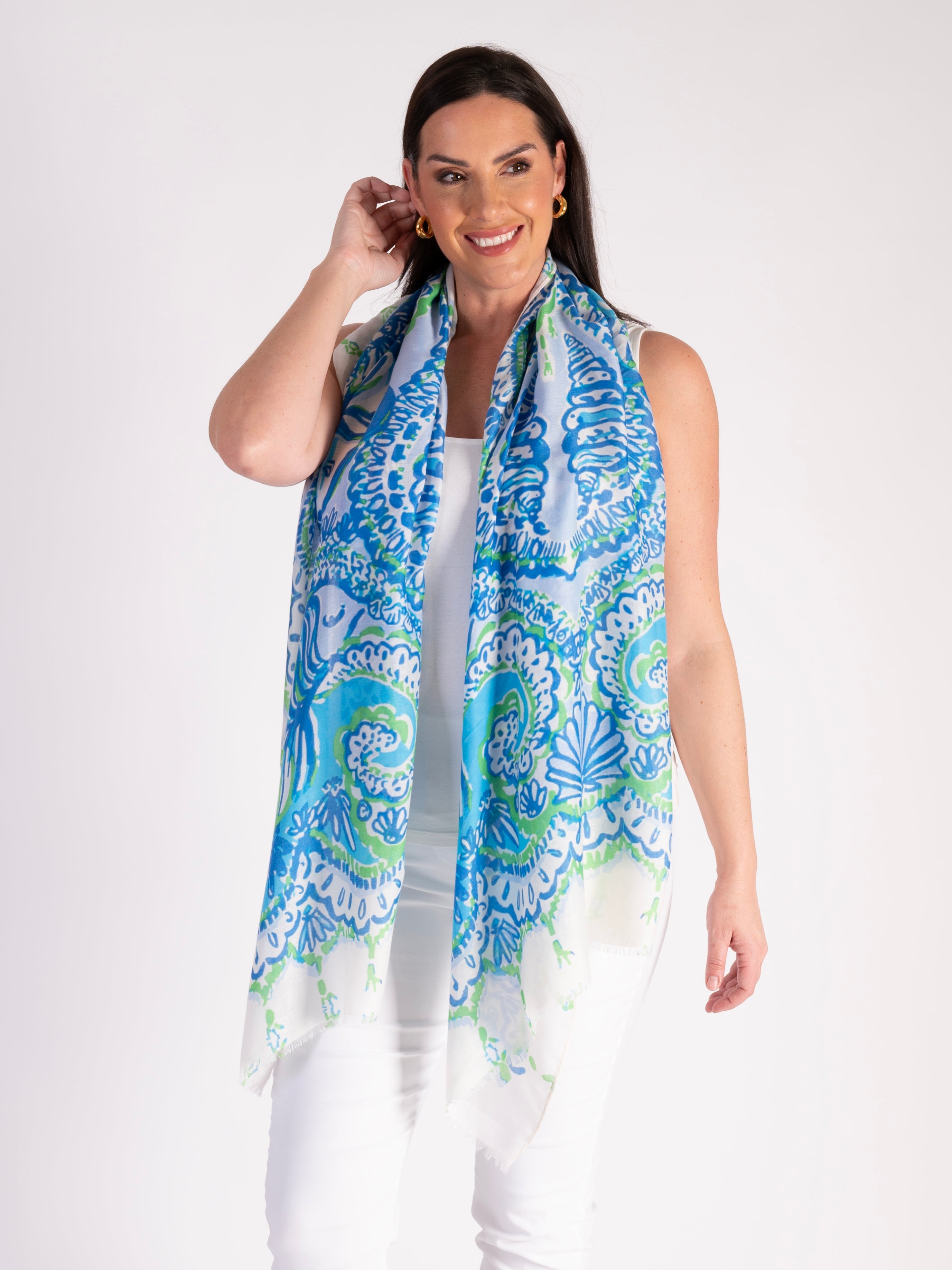 Blue/Green Sea Shell Marinescape Print Scarf