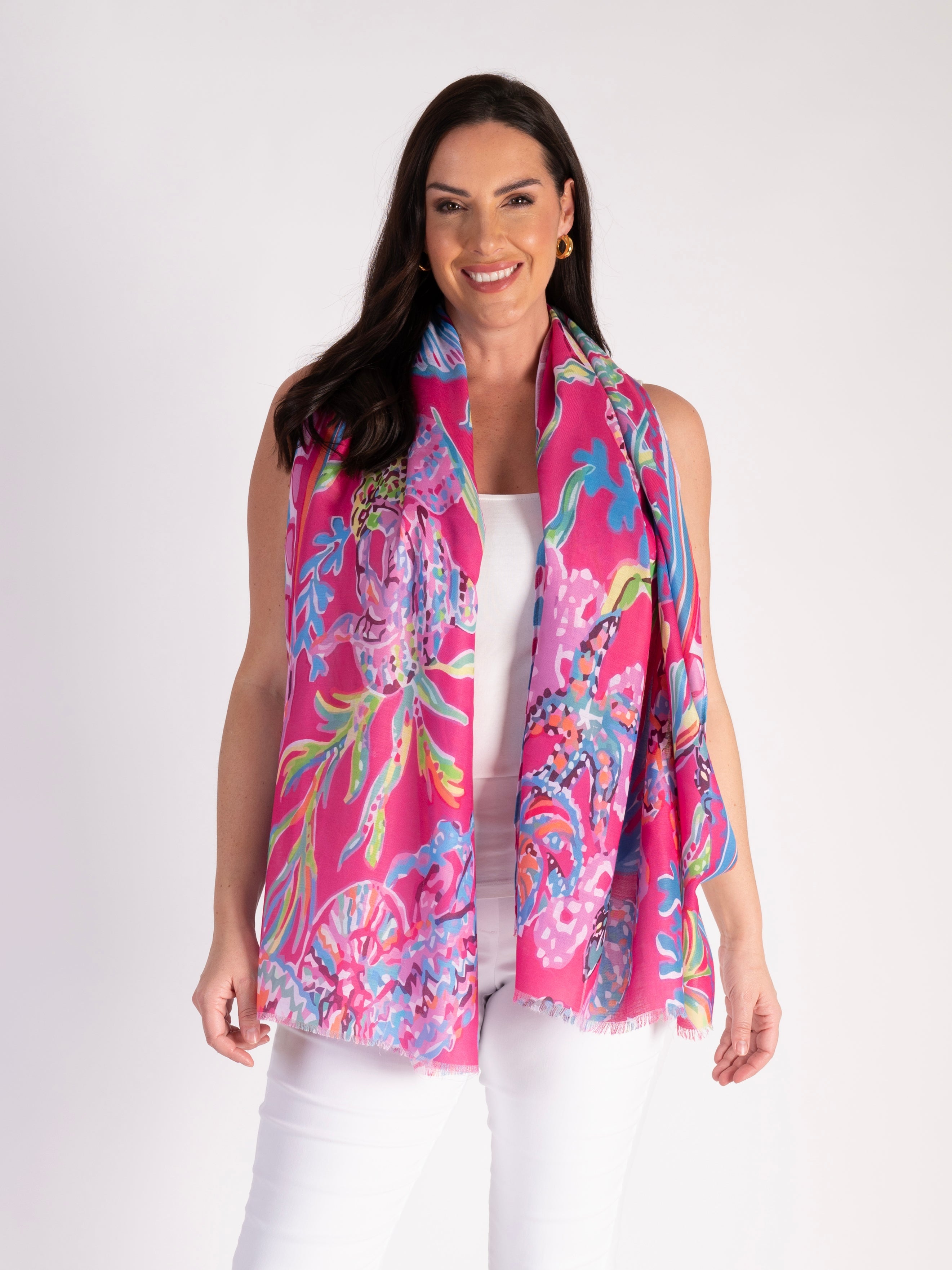 Pink/Multi Abstract Tropical Leaf Print Scarf