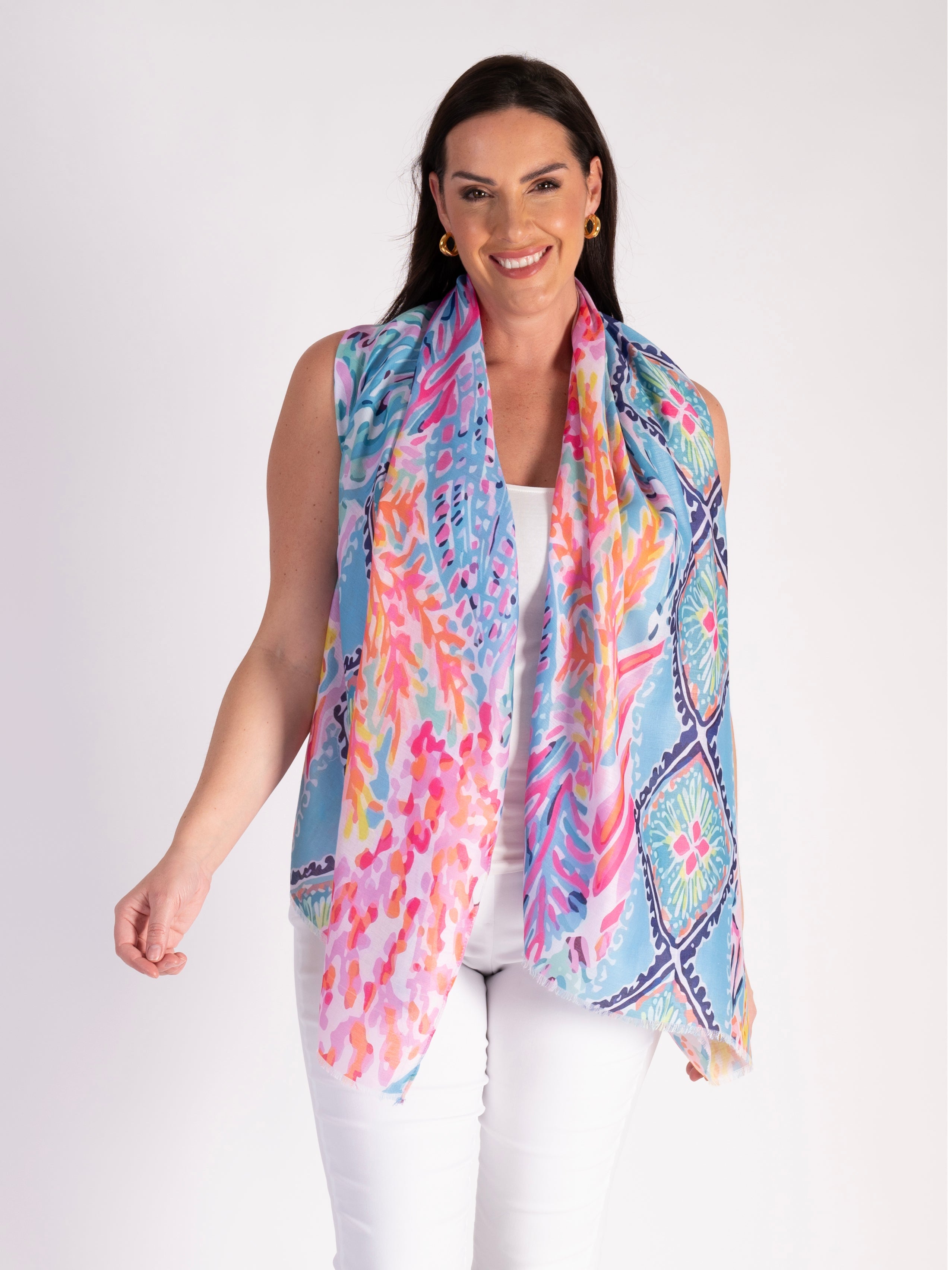 Lilac/Multi Abstract Tropical Leaf and Diamond Print Scarf