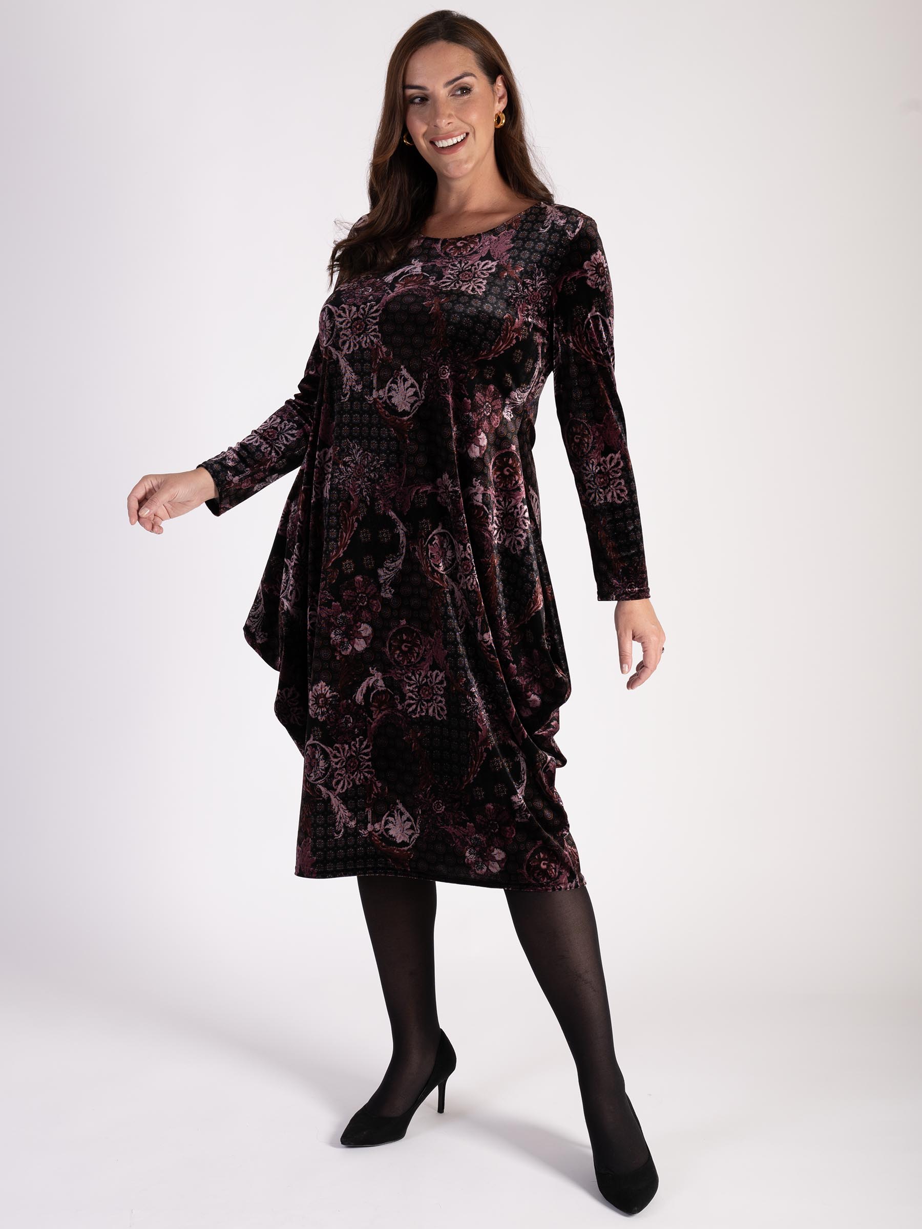 Claret/Pink Renaissance Print Velvet Drape Dress with Pockets