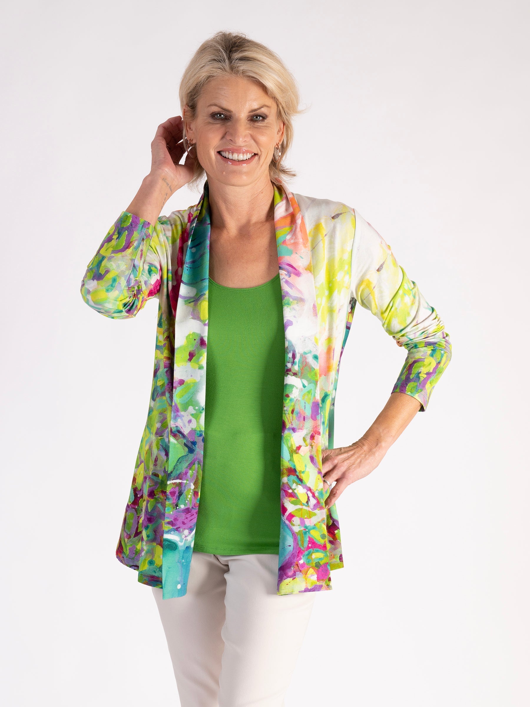 A Green/Multi Abstract Spring Flowers  Cardigan