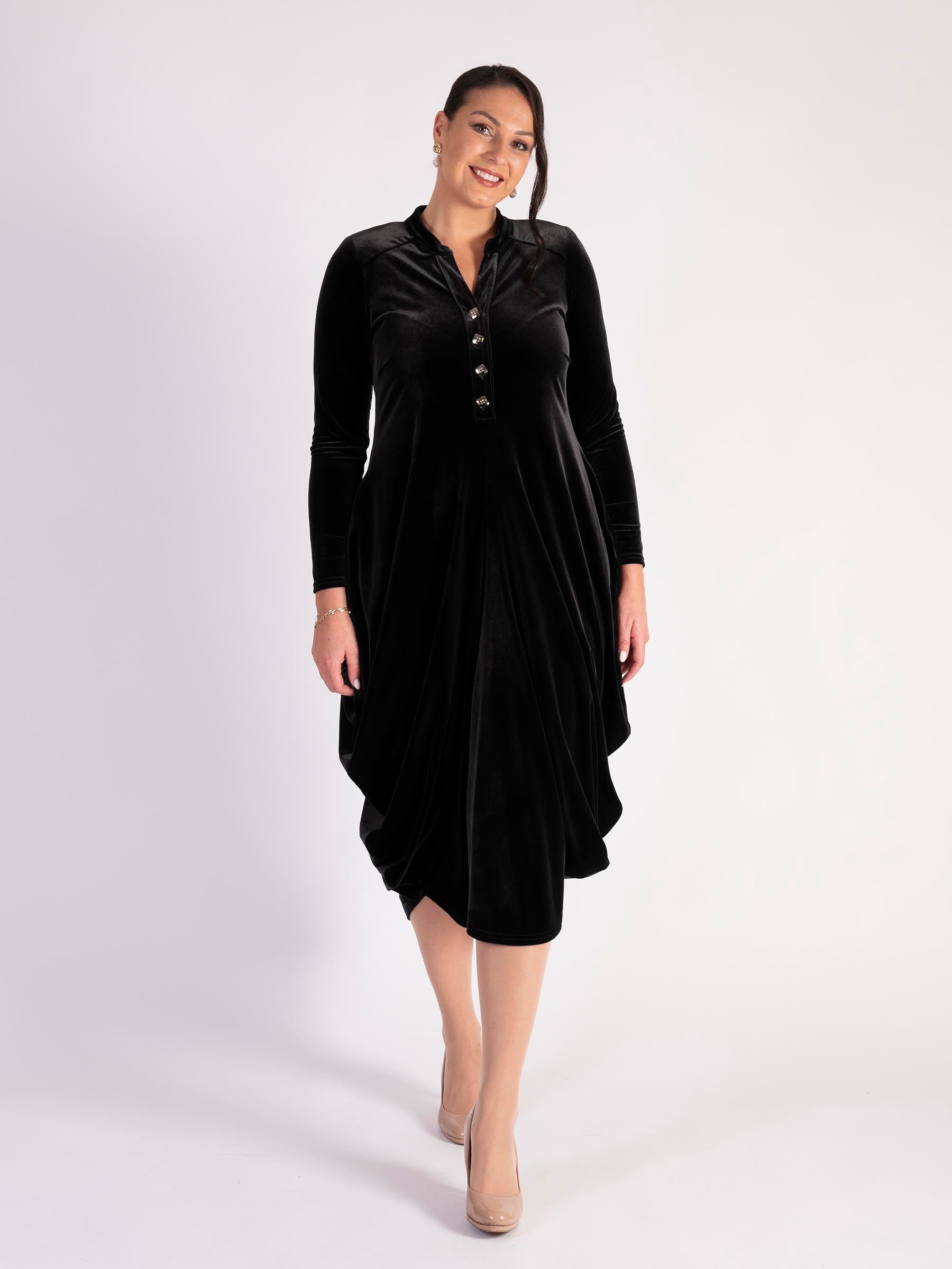 Black Stretch Velvet Drape Dress with Button Placket